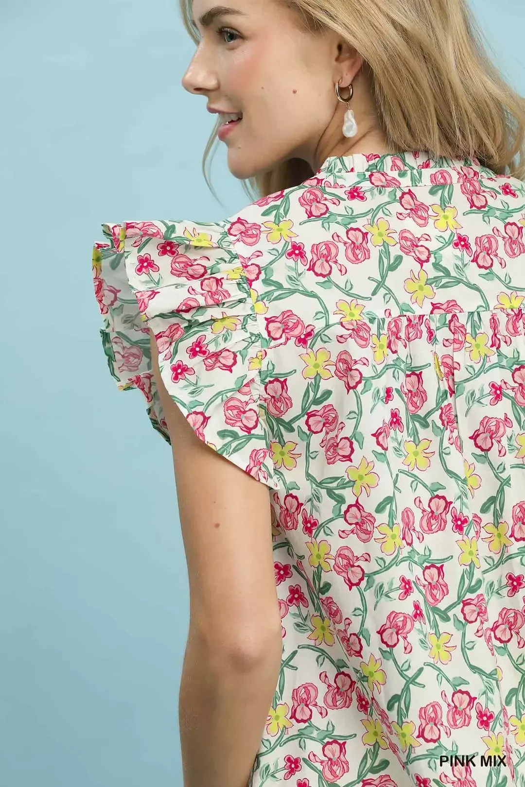 Umgee Floral Print Ruffle Cap Sleeve Shirt - Image 5