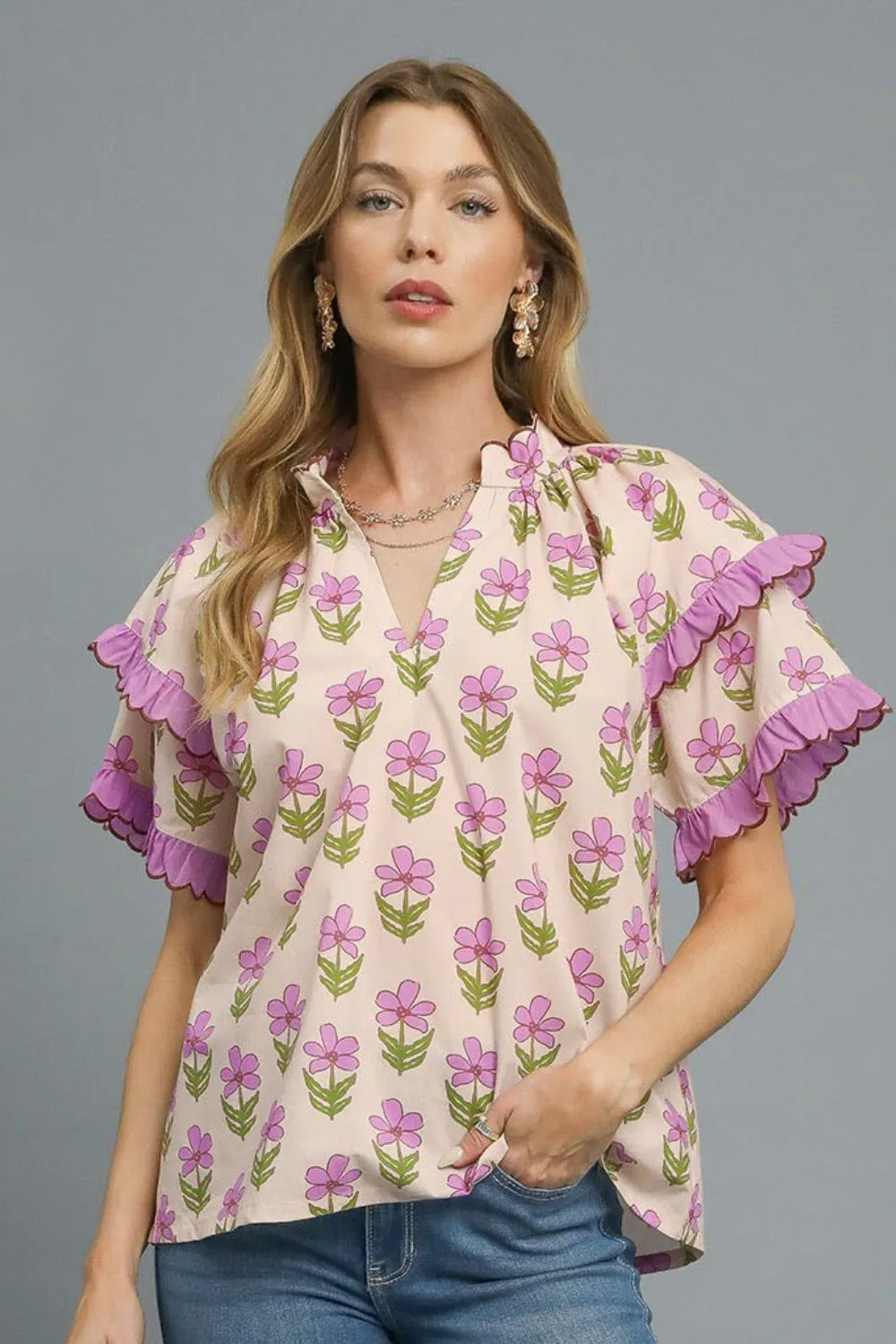 Umgee Floral Print Ruffle Short Sleeve Blouse - Image 2