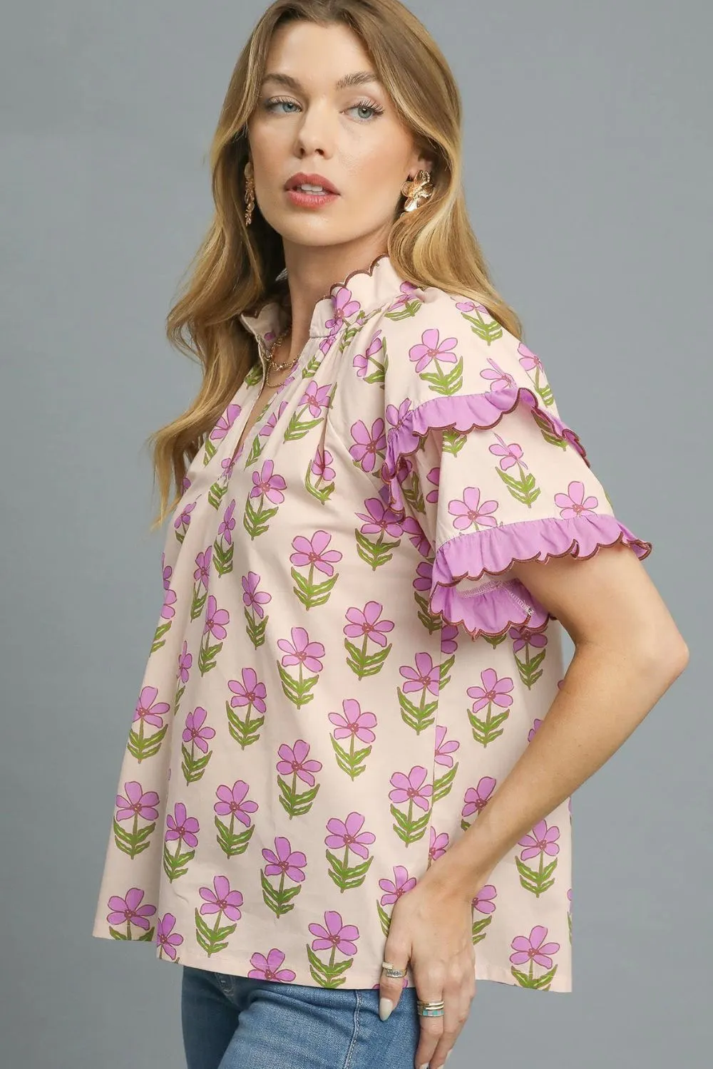 Umgee Floral Print Ruffle Short Sleeve Blouse - Image 3