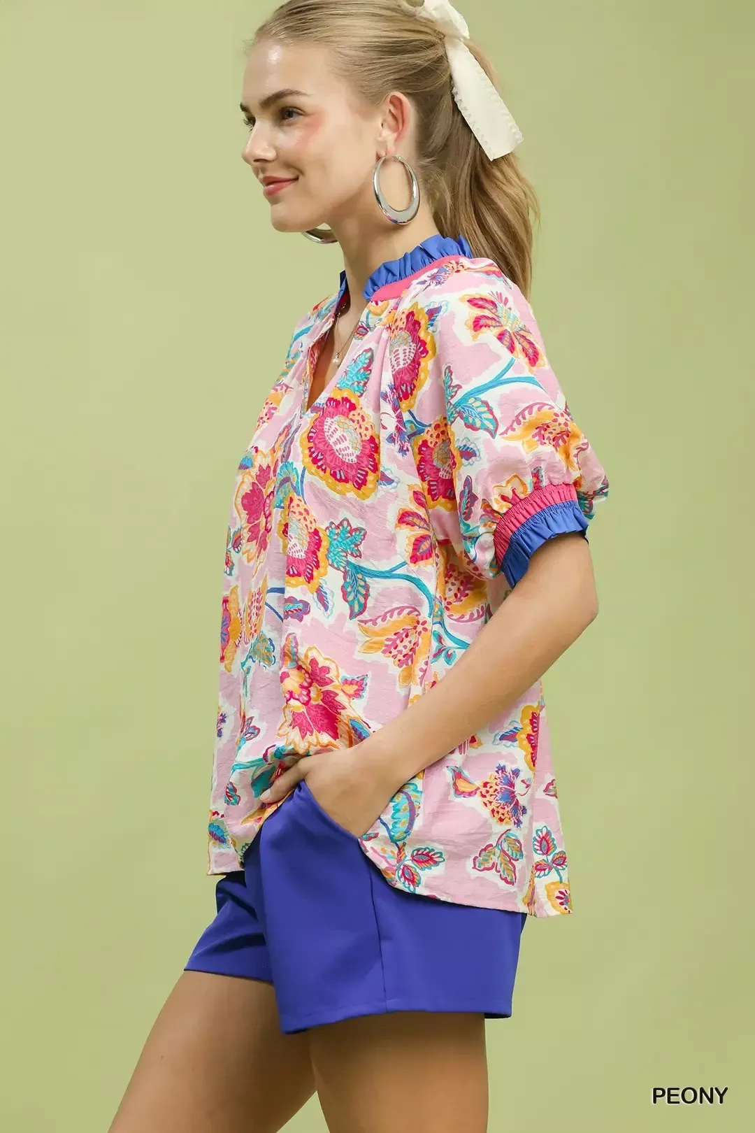 Umgee Floral Print Ruffled Short Sleeve Top - Image 3