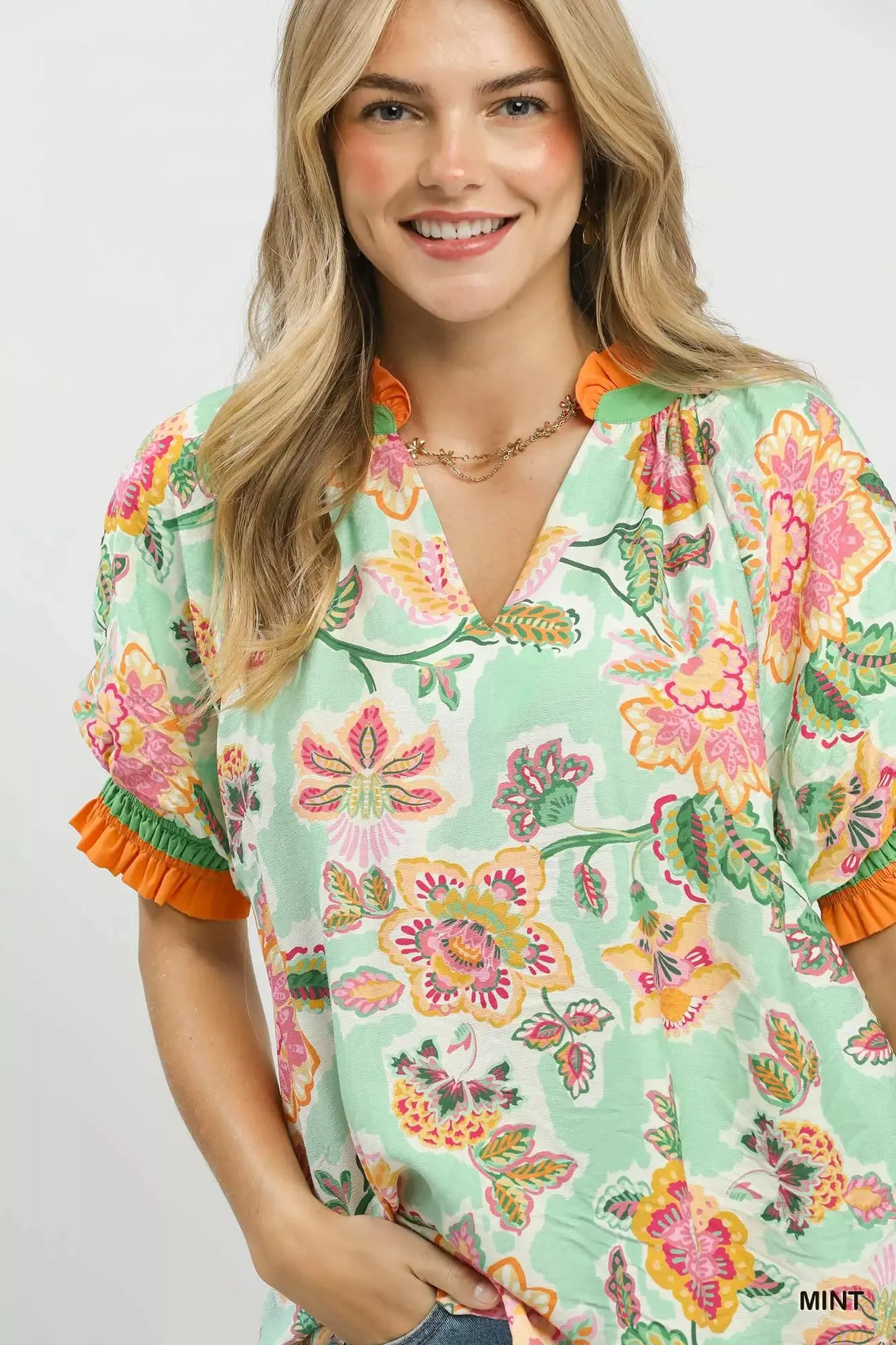 Umgee Floral Print Ruffled Short Sleeve Top - Image 5