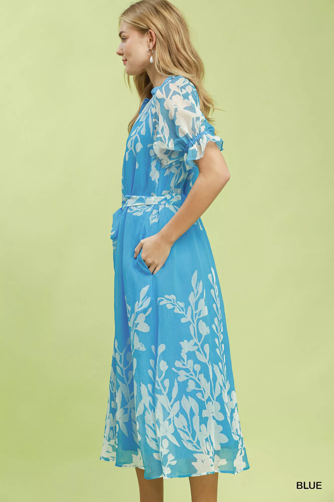 Umgee Floral Print Tie Waist Midi Dress with Side Pockets - Image 2