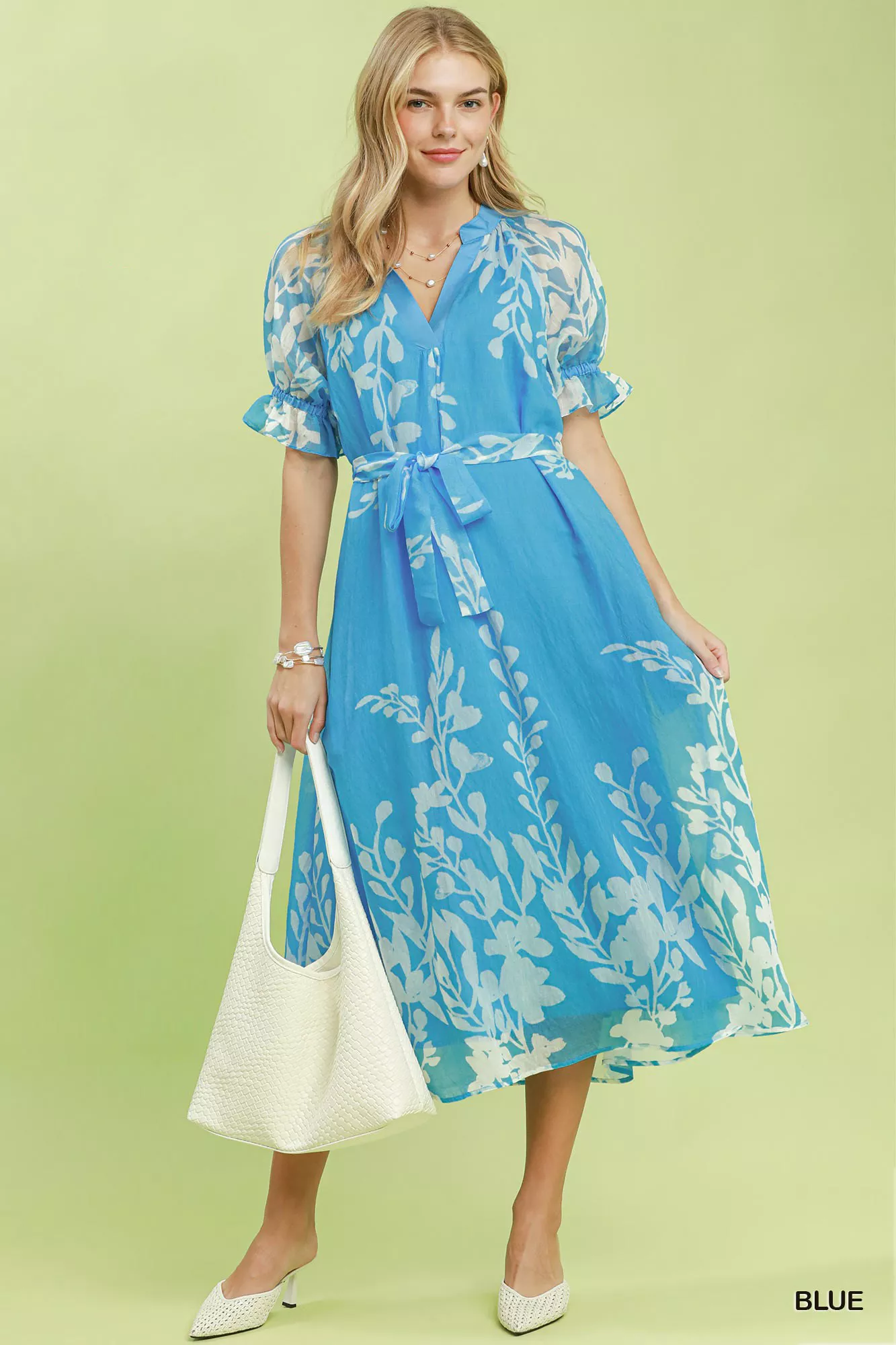 Umgee Floral Print Tie Waist Midi Dress with Side Pockets - Image 5