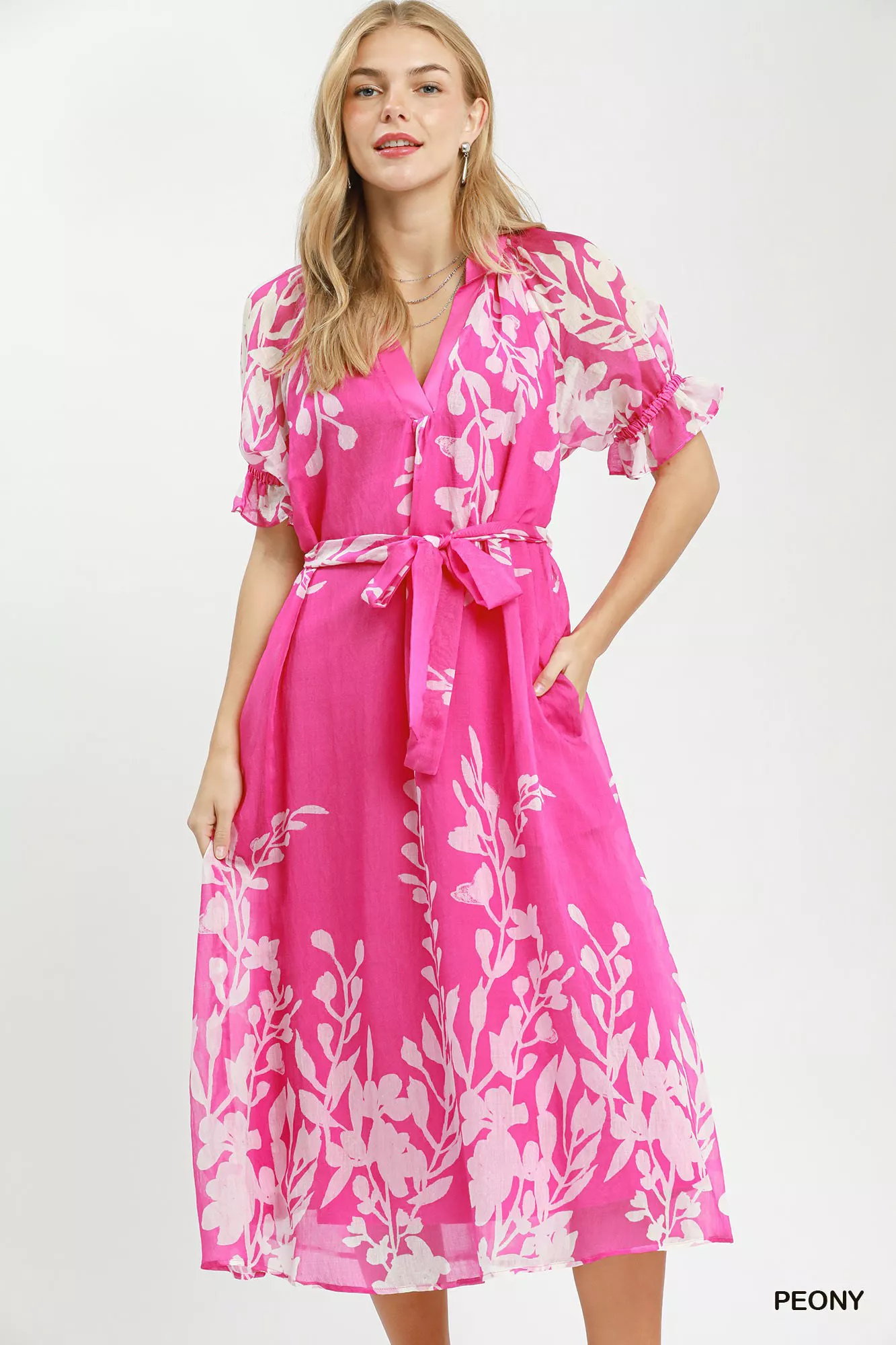 Umgee Floral Print Tie Waist Midi Dress with Side Pockets