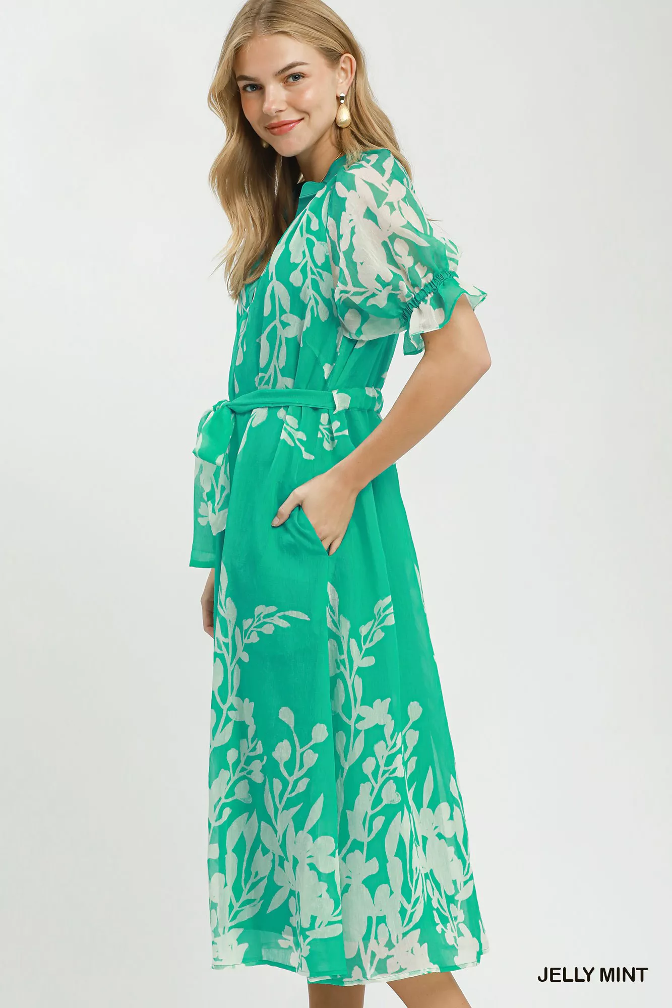 Umgee Floral Print Tie Waist Midi Dress with Side Pockets - Image 2
