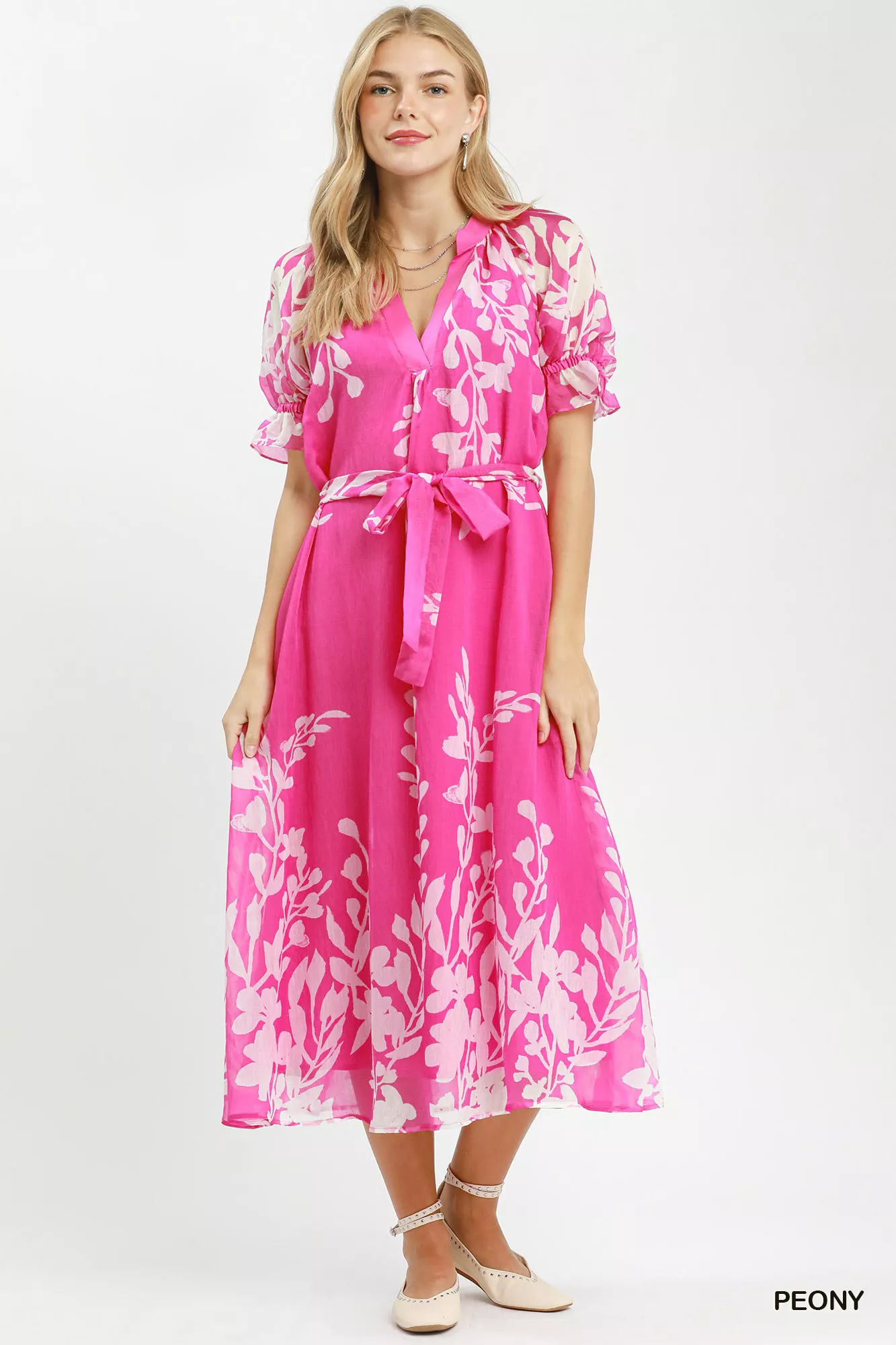 Umgee Floral Print Tie Waist Midi Dress with Side Pockets - Image 5