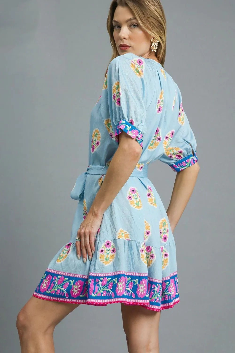 Umgee Floral Print Tie Waist Short Sleeve Dress - Image 3