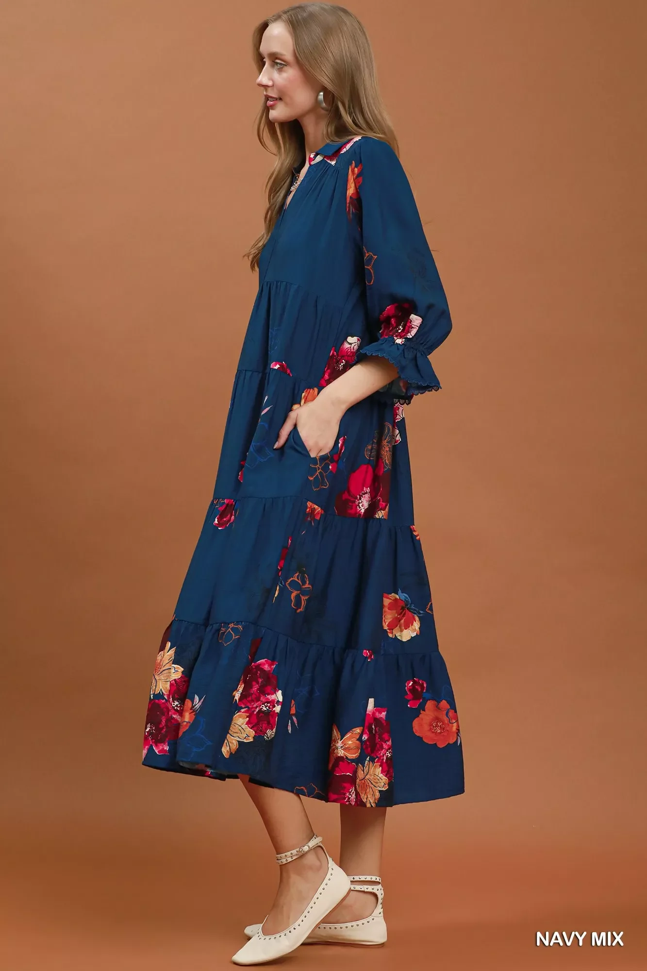 Umgee Floral Print Tiered Midi Dress with Puff Sleeves - Image 2