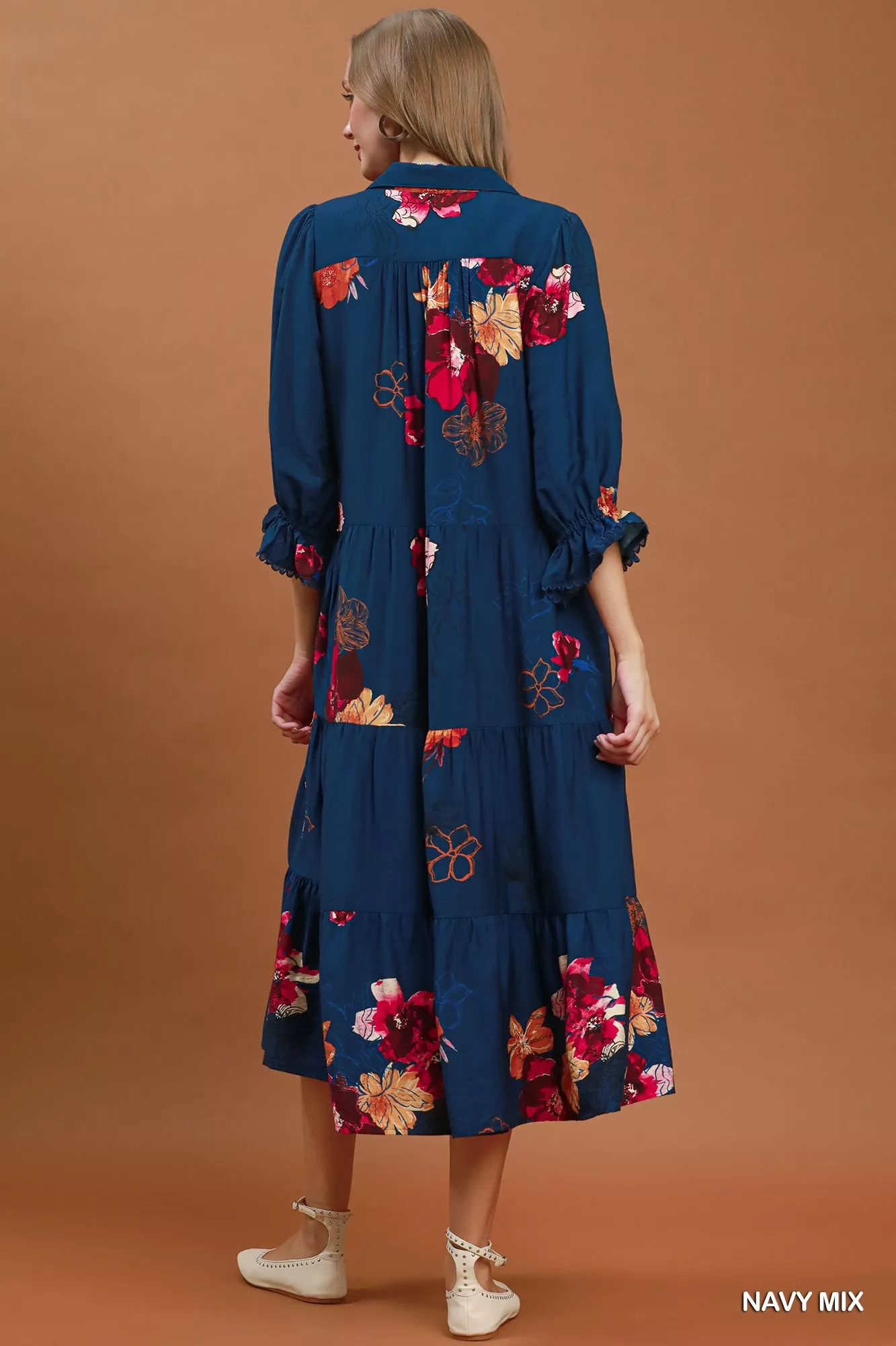 Umgee Floral Print Tiered Midi Dress with Puff Sleeves - Image 3