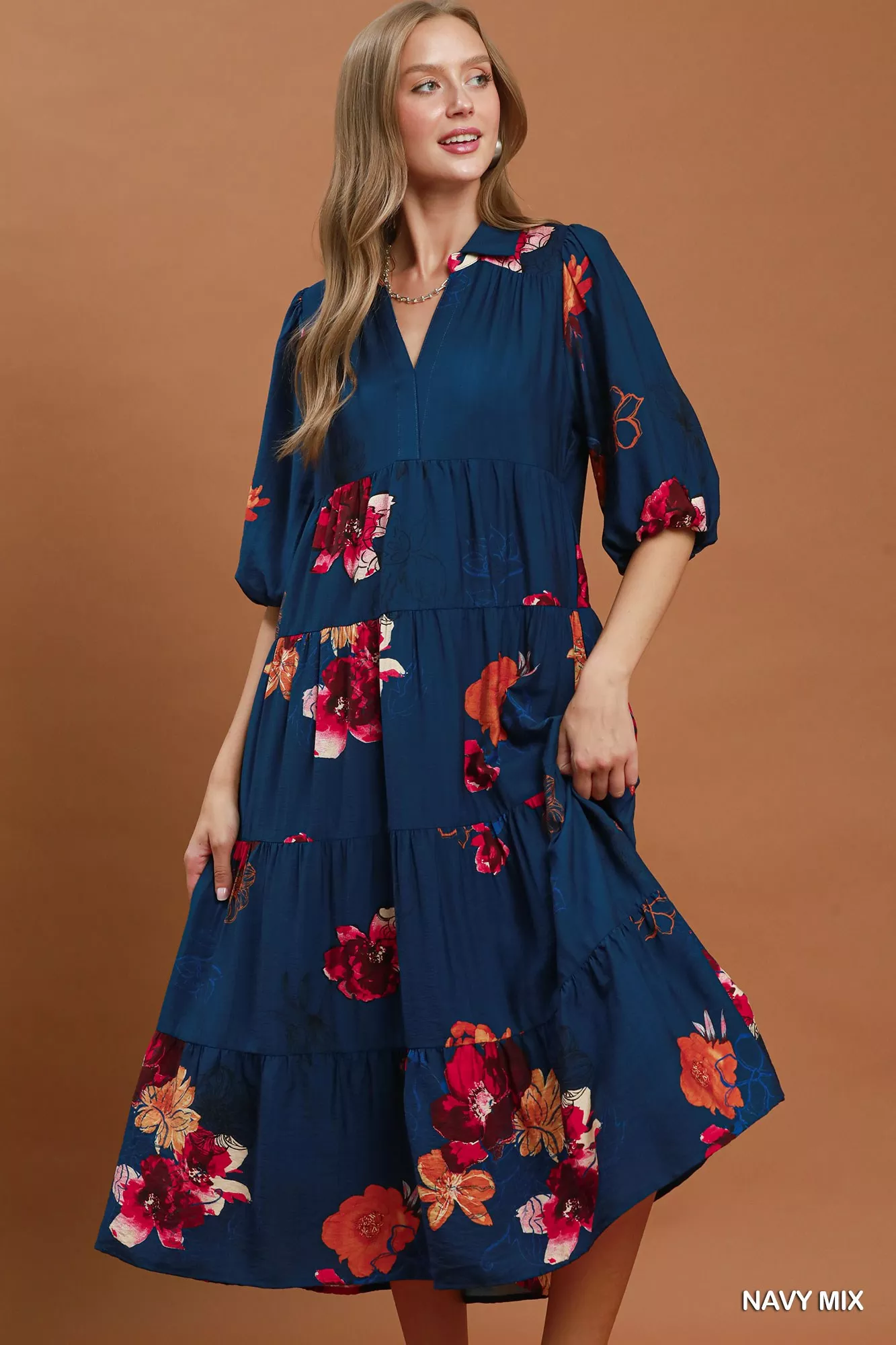Umgee Floral Print Tiered Midi Dress with Puff Sleeves - Image 4