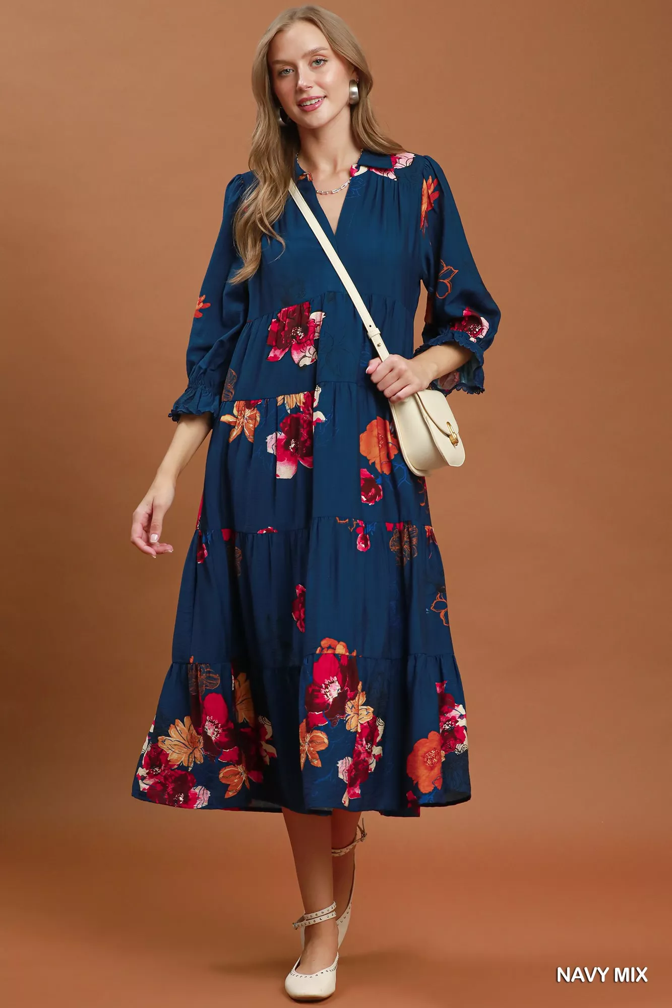 Umgee Floral Print Tiered Midi Dress with Puff Sleeves - Image 5