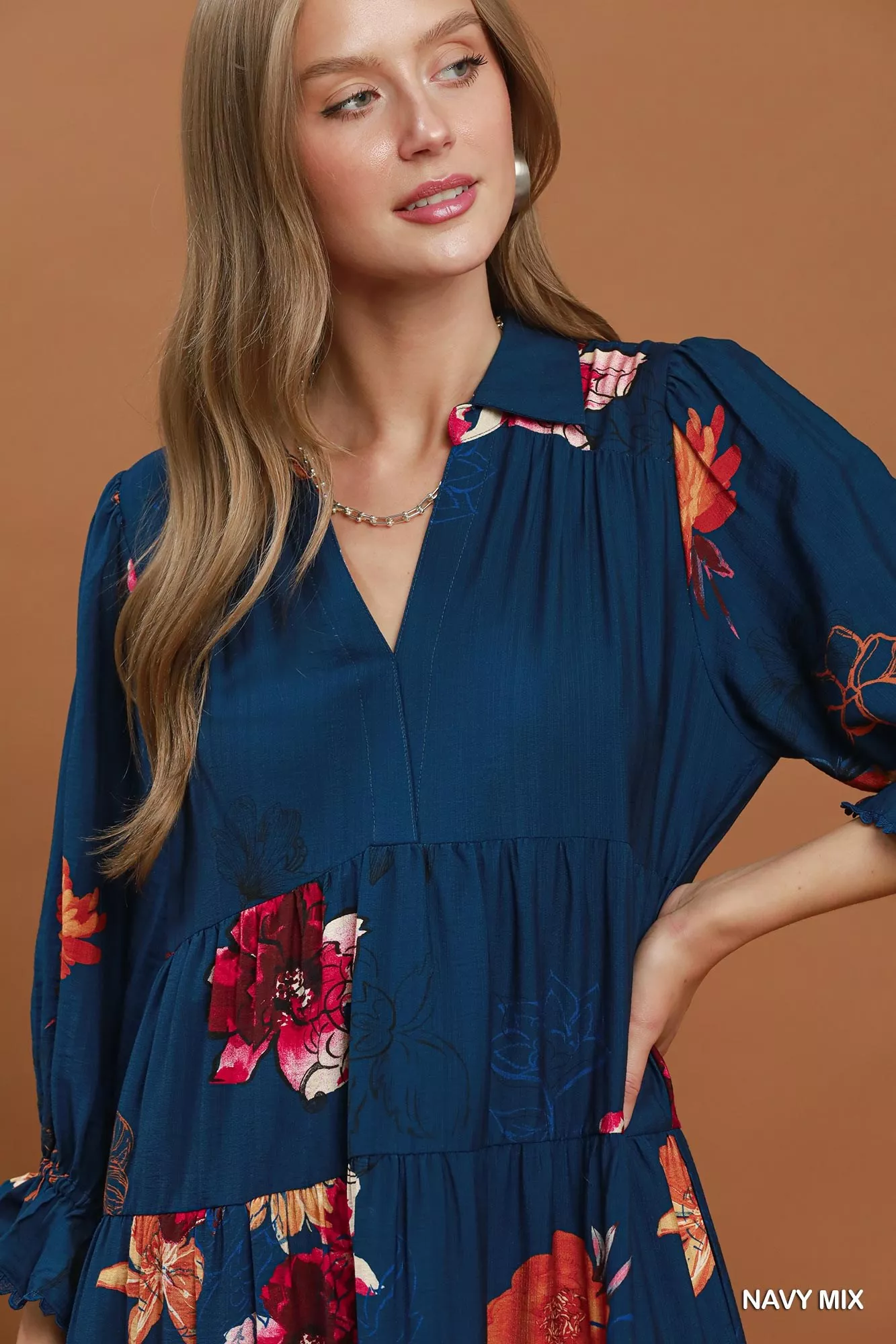 Umgee Floral Print Tiered Midi Dress with Puff Sleeves - Image 6