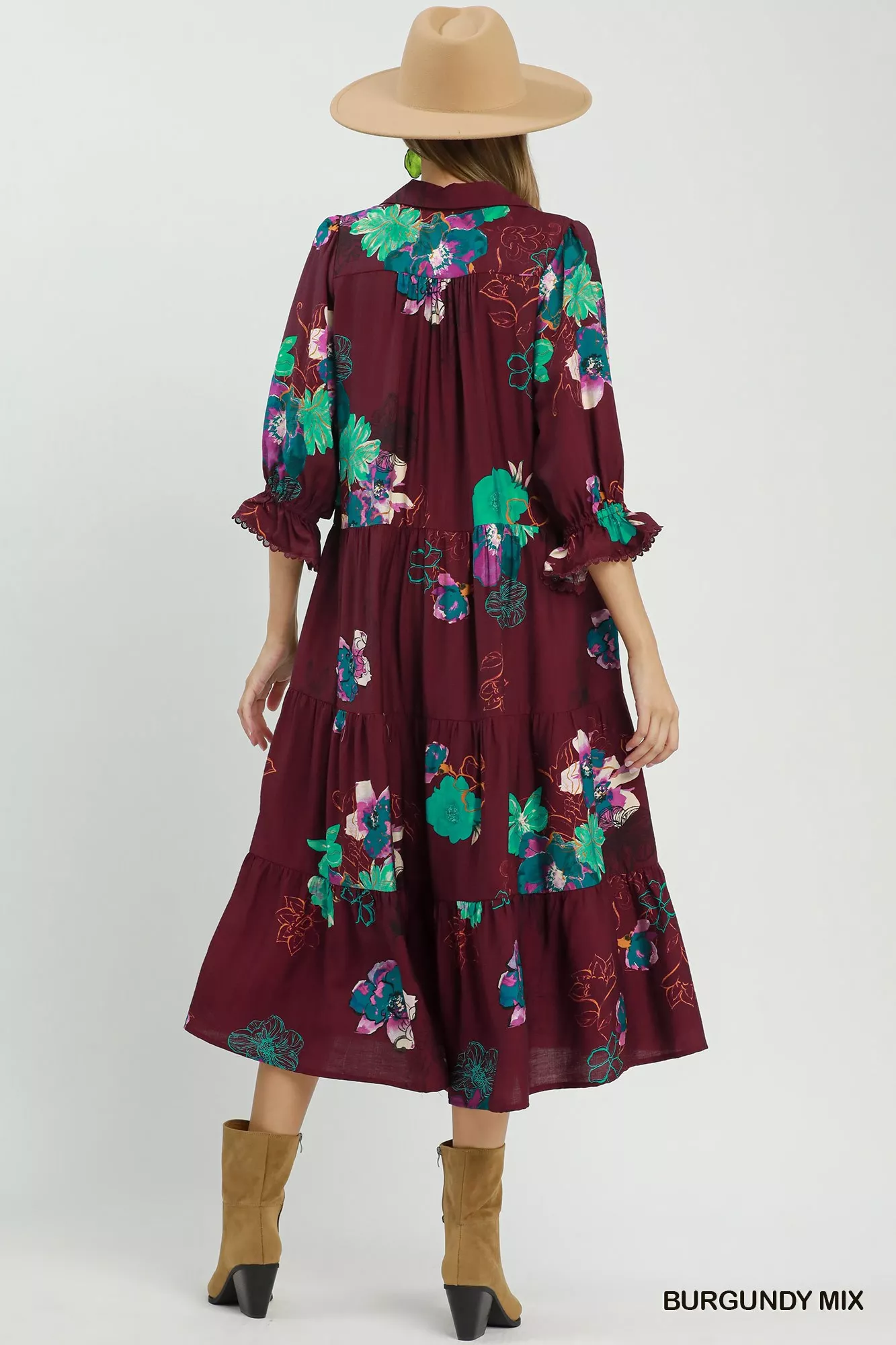 Umgee Floral Print Tiered Midi Dress with Puff Sleeves - Image 3