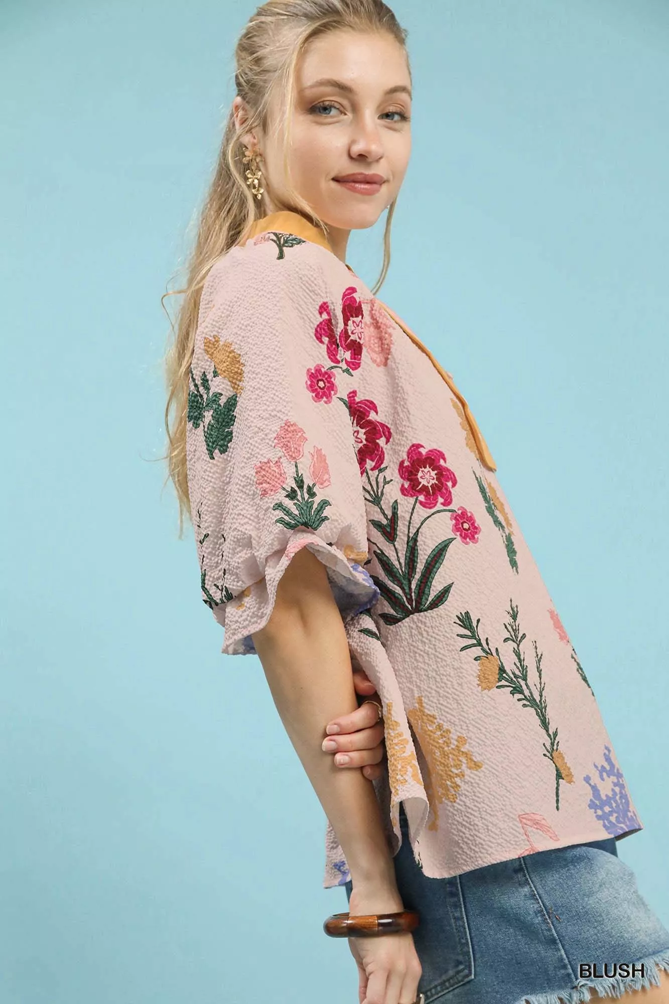 Umgee Floral Puff Sleeve Blouse with Scallop Trim Collar - Image 2