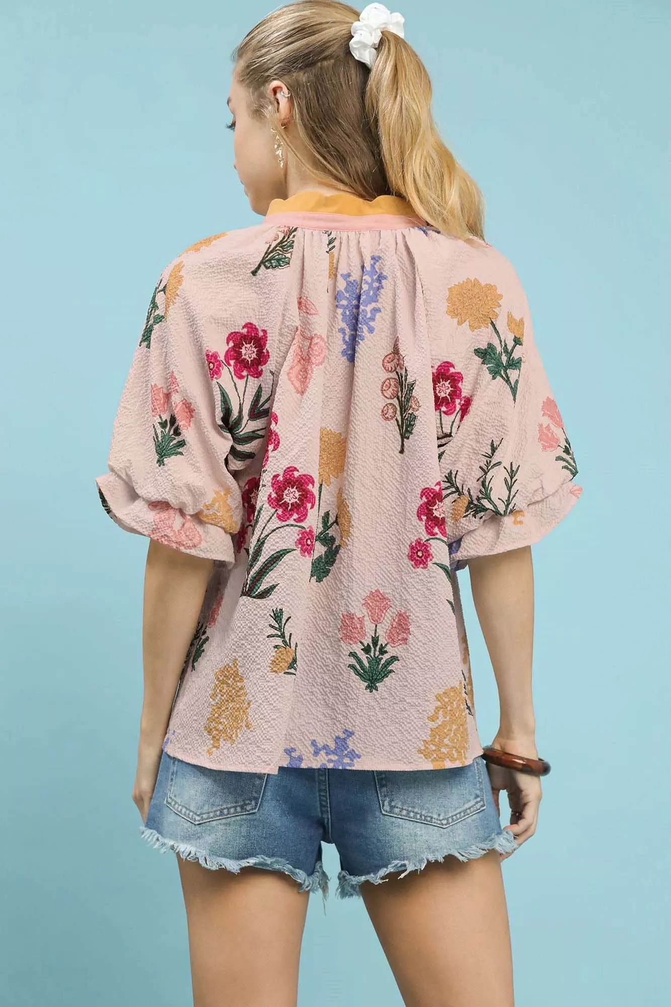 Umgee Floral Puff Sleeve Blouse with Scallop Trim Collar - Image 3
