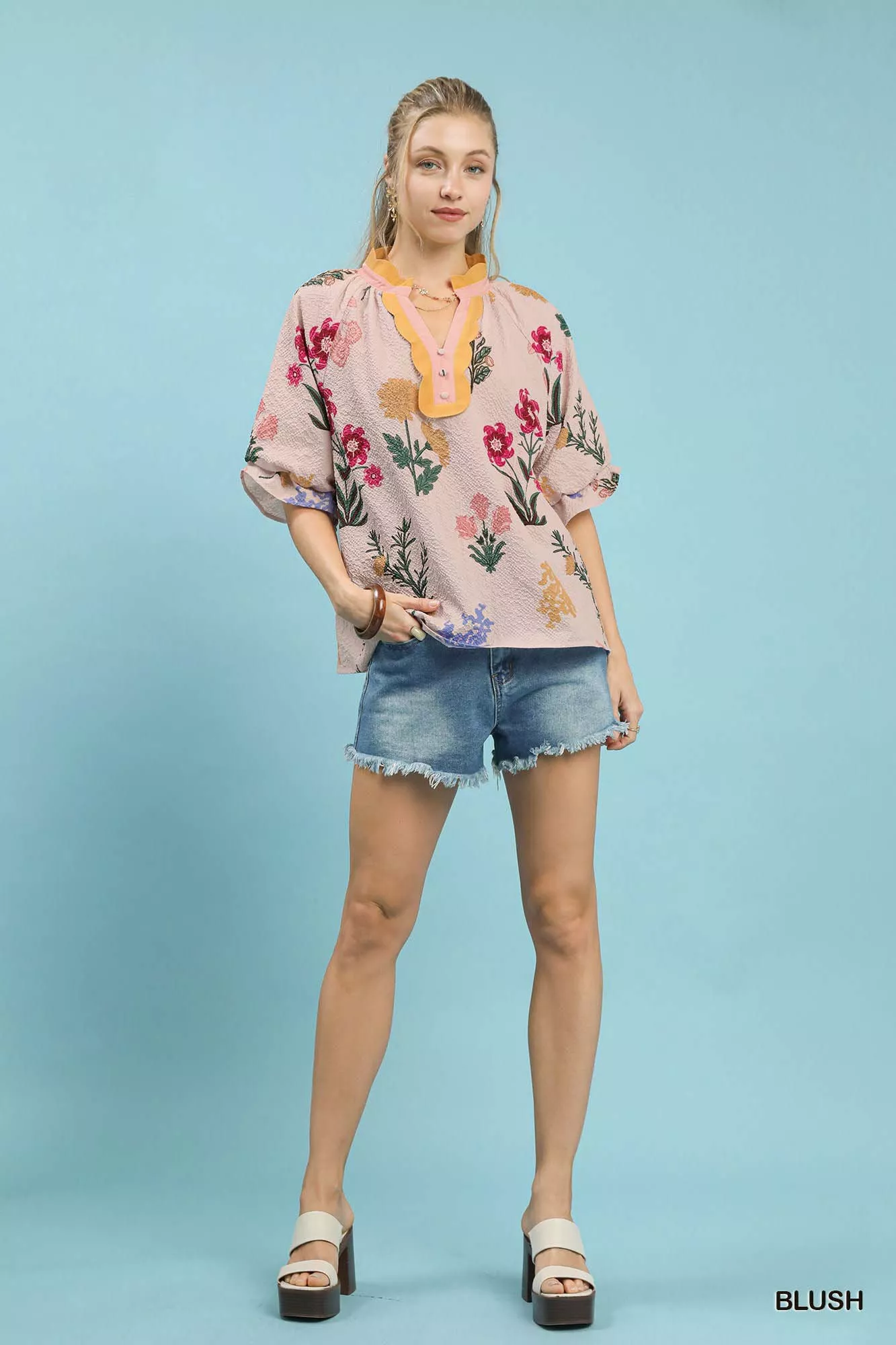 Umgee Floral Puff Sleeve Blouse with Scallop Trim Collar - Image 4