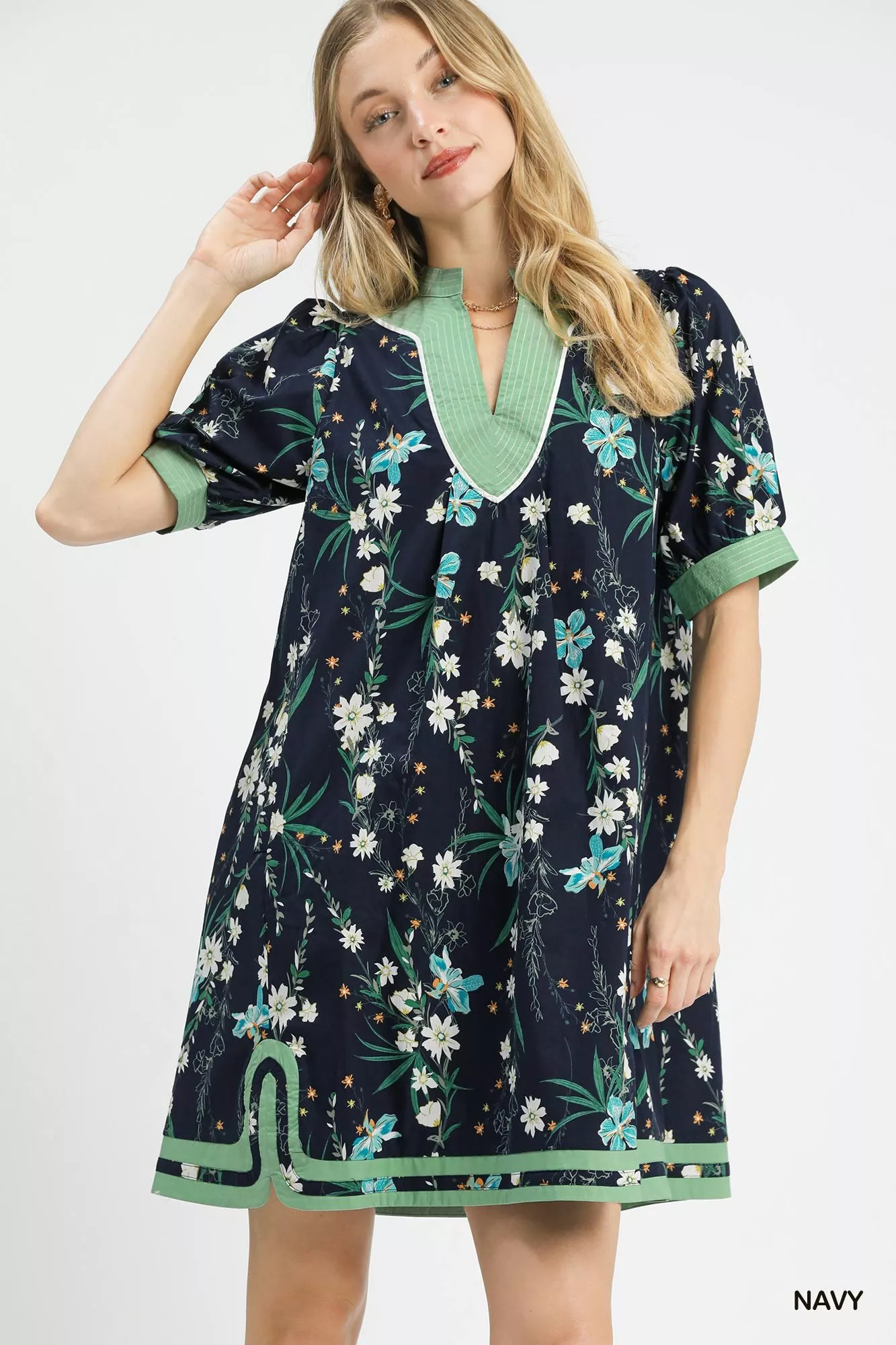Umgee Floral Puff Sleeve Dress with Contrast Trim