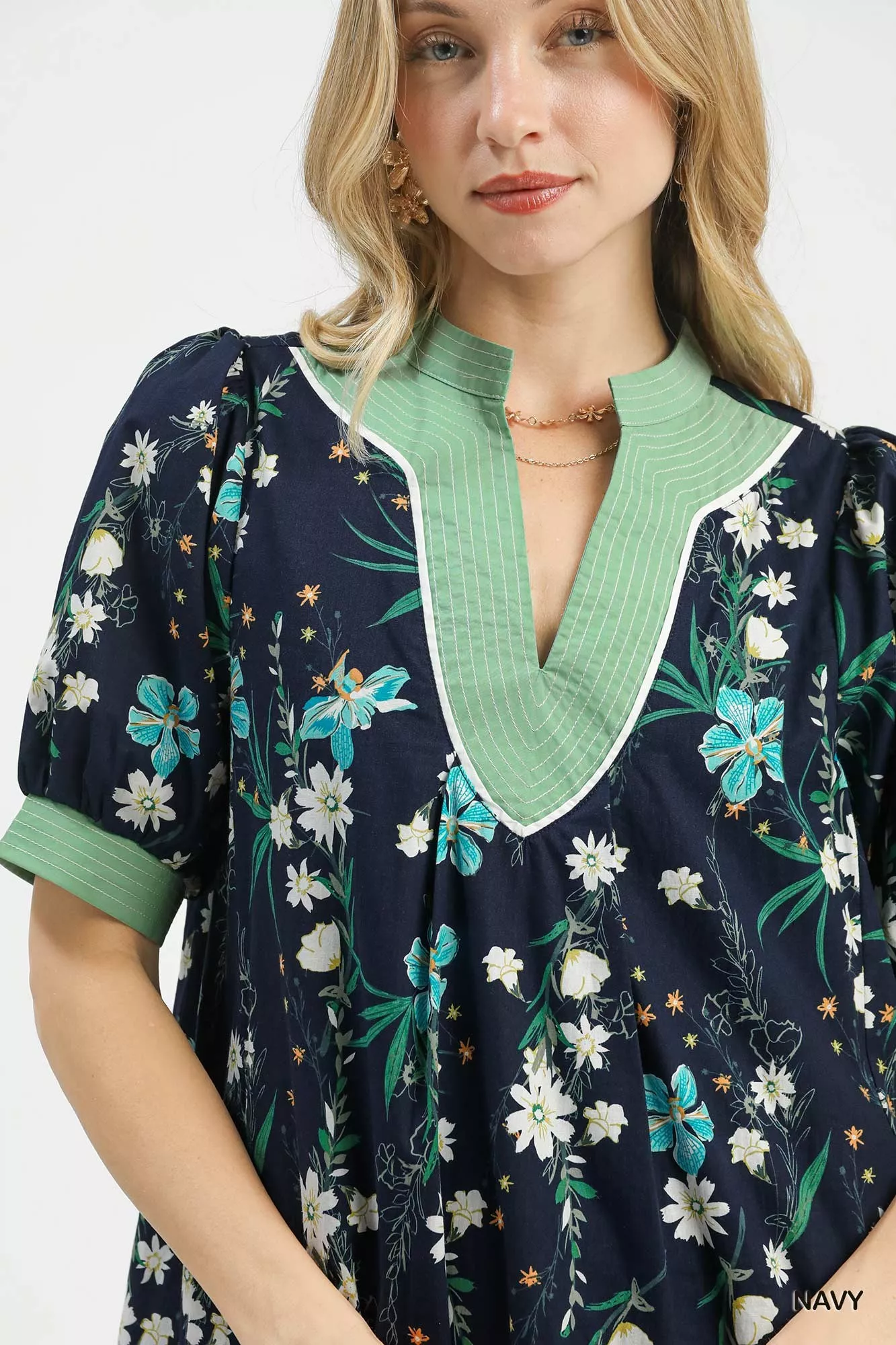 Umgee Floral Puff Sleeve Dress with Contrast Trim - Image 6