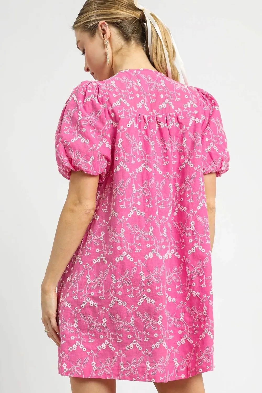 Umgee Floral Puff Sleeve V-Neck Mini Dress - Image 3