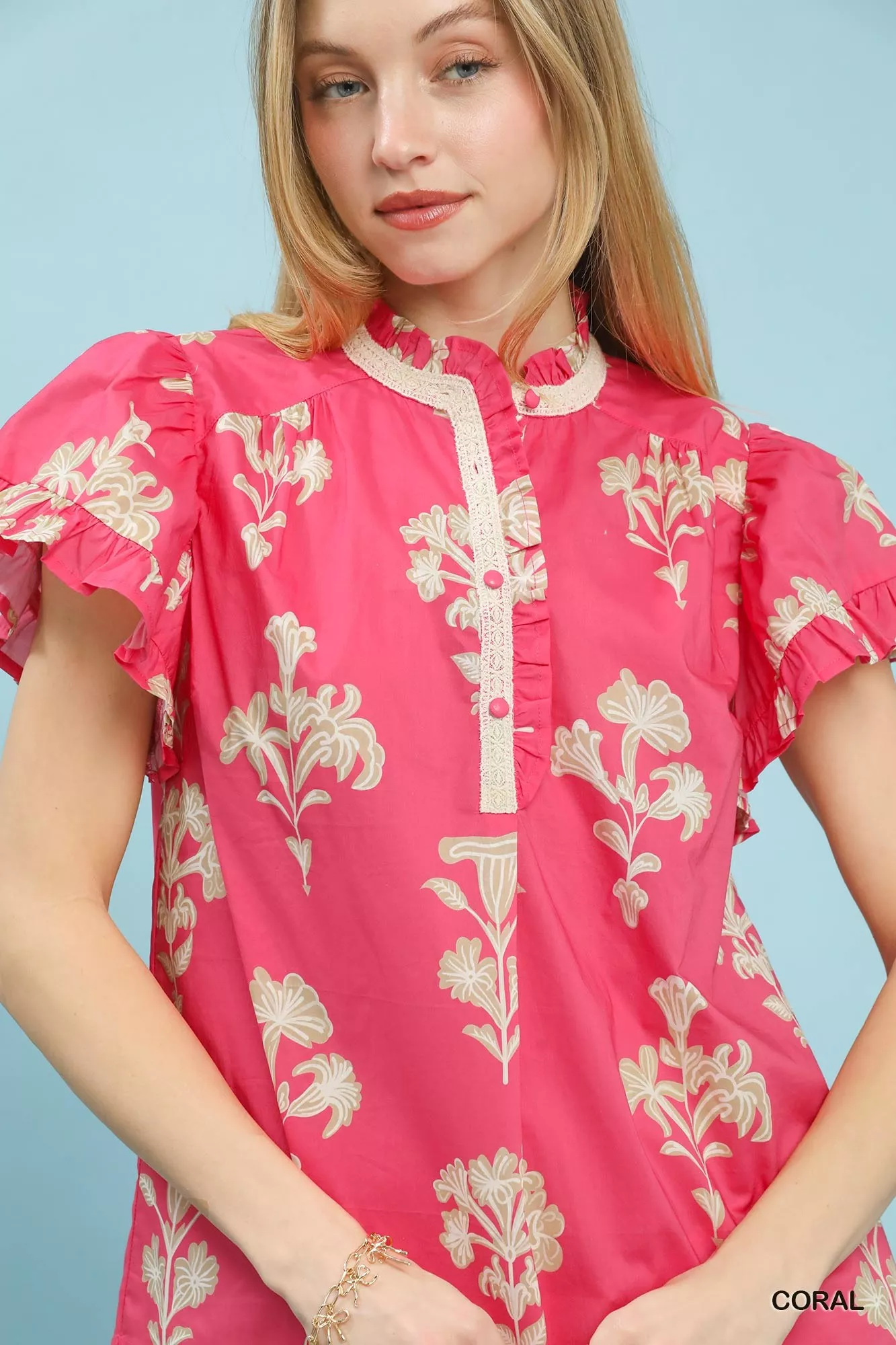 Umgee Floral Ruffle Sleeve Split-Neck Top - Image 4