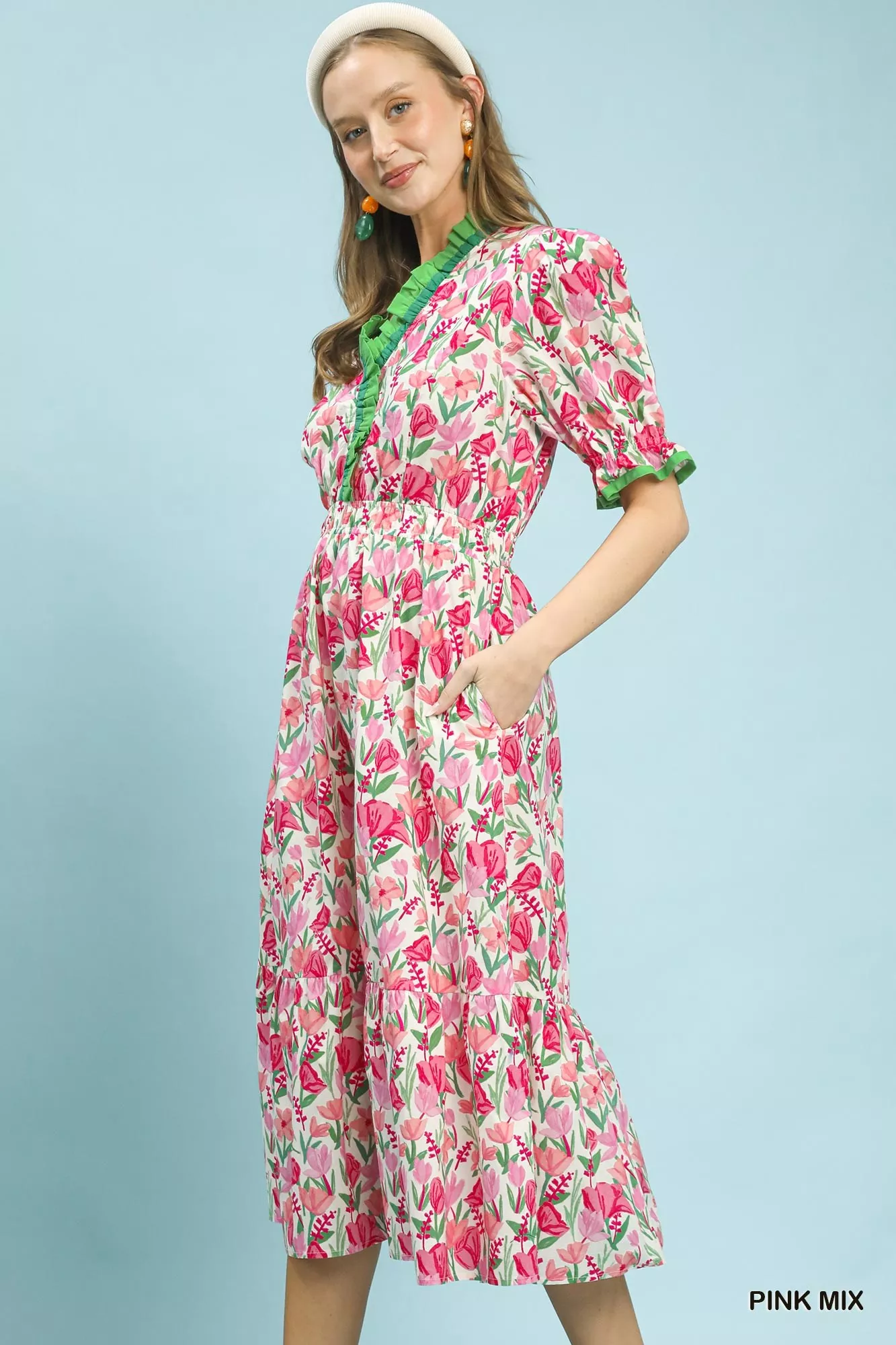 Umgee Floral Ruffle Trim Tiered Midi Dress - Image 2