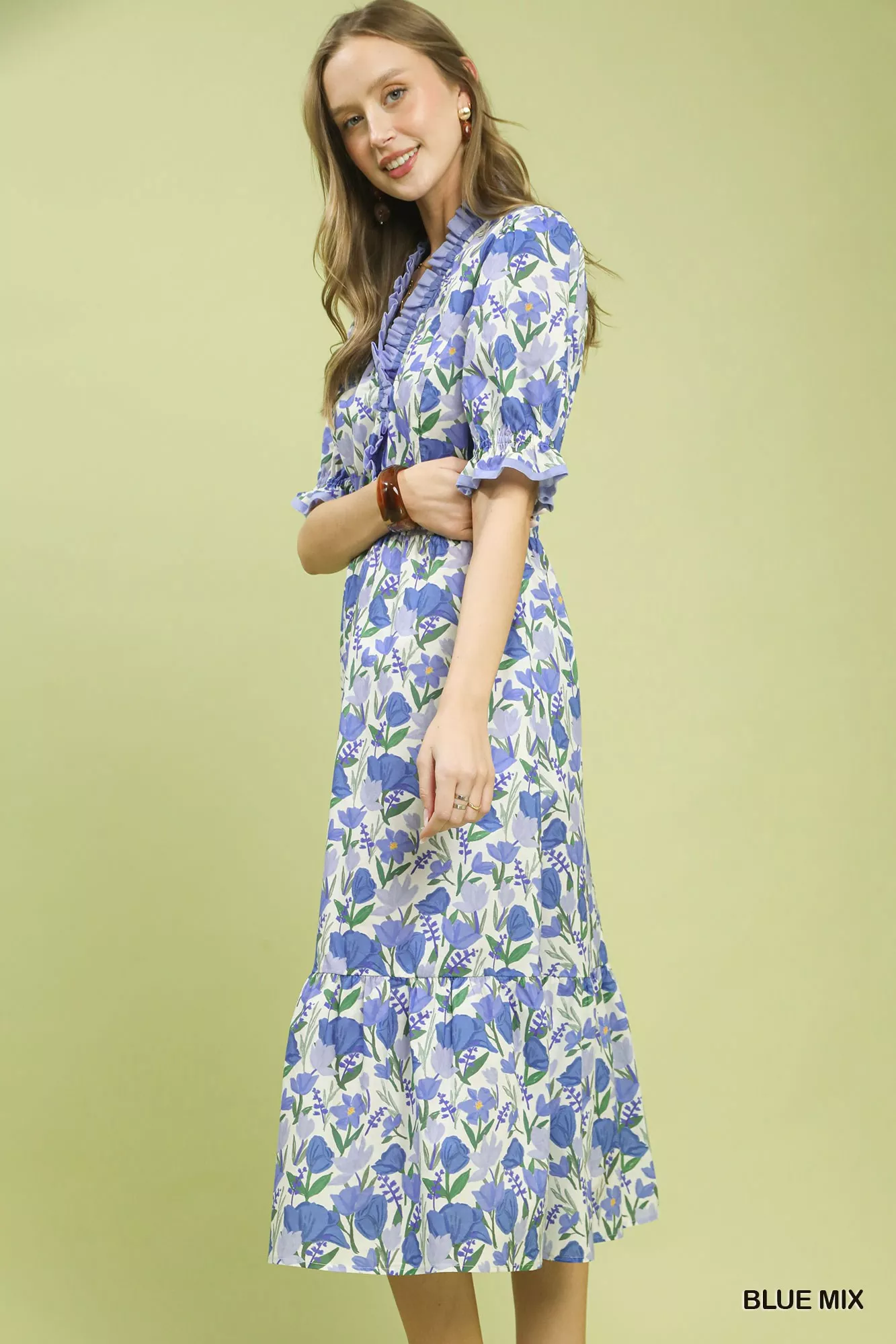 Umgee Floral Ruffle Trim Tiered Midi Dress - Image 2