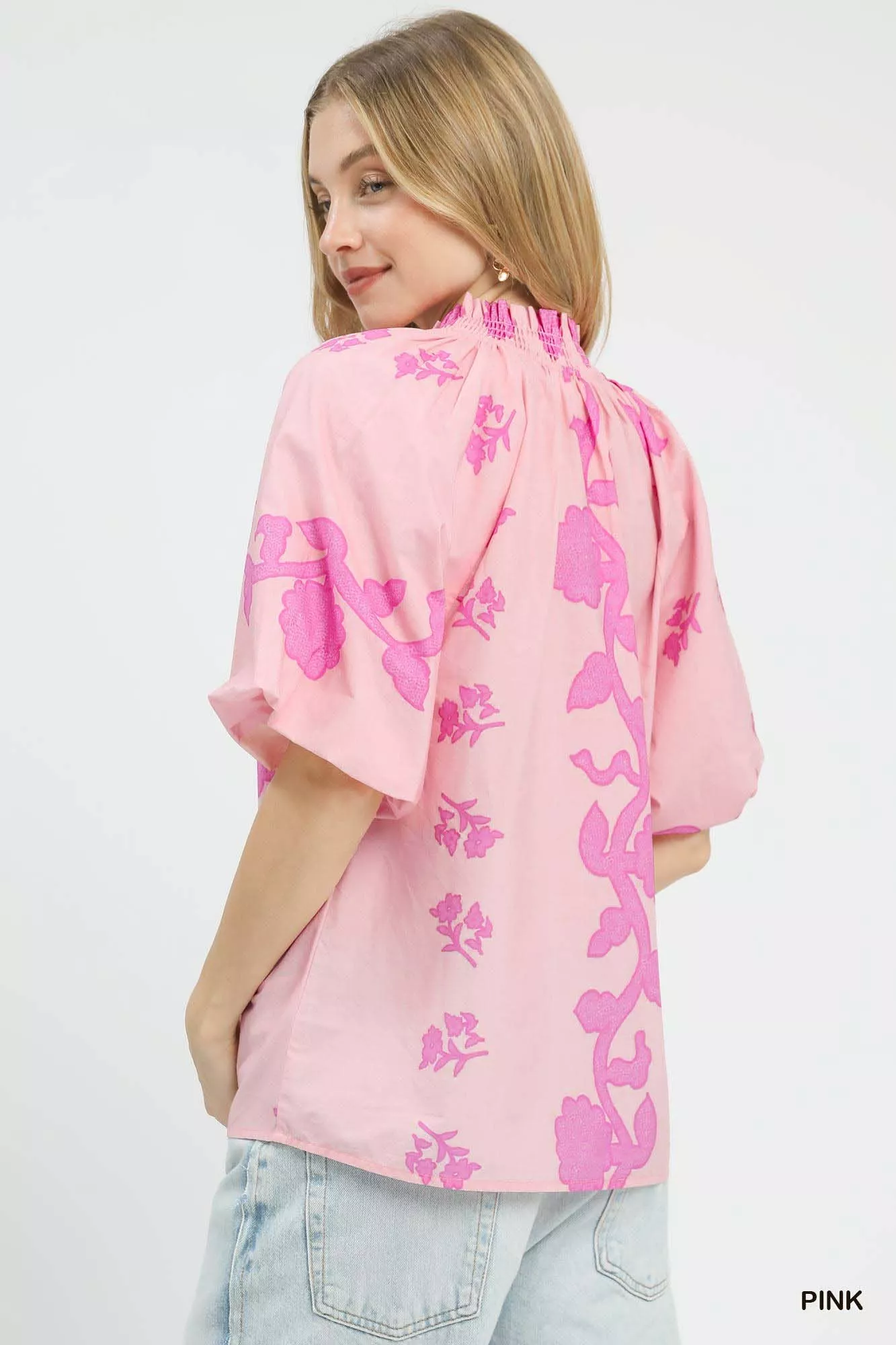 Umgee Floral Smocked Notched Puff Sleeve Blouse - Image 2