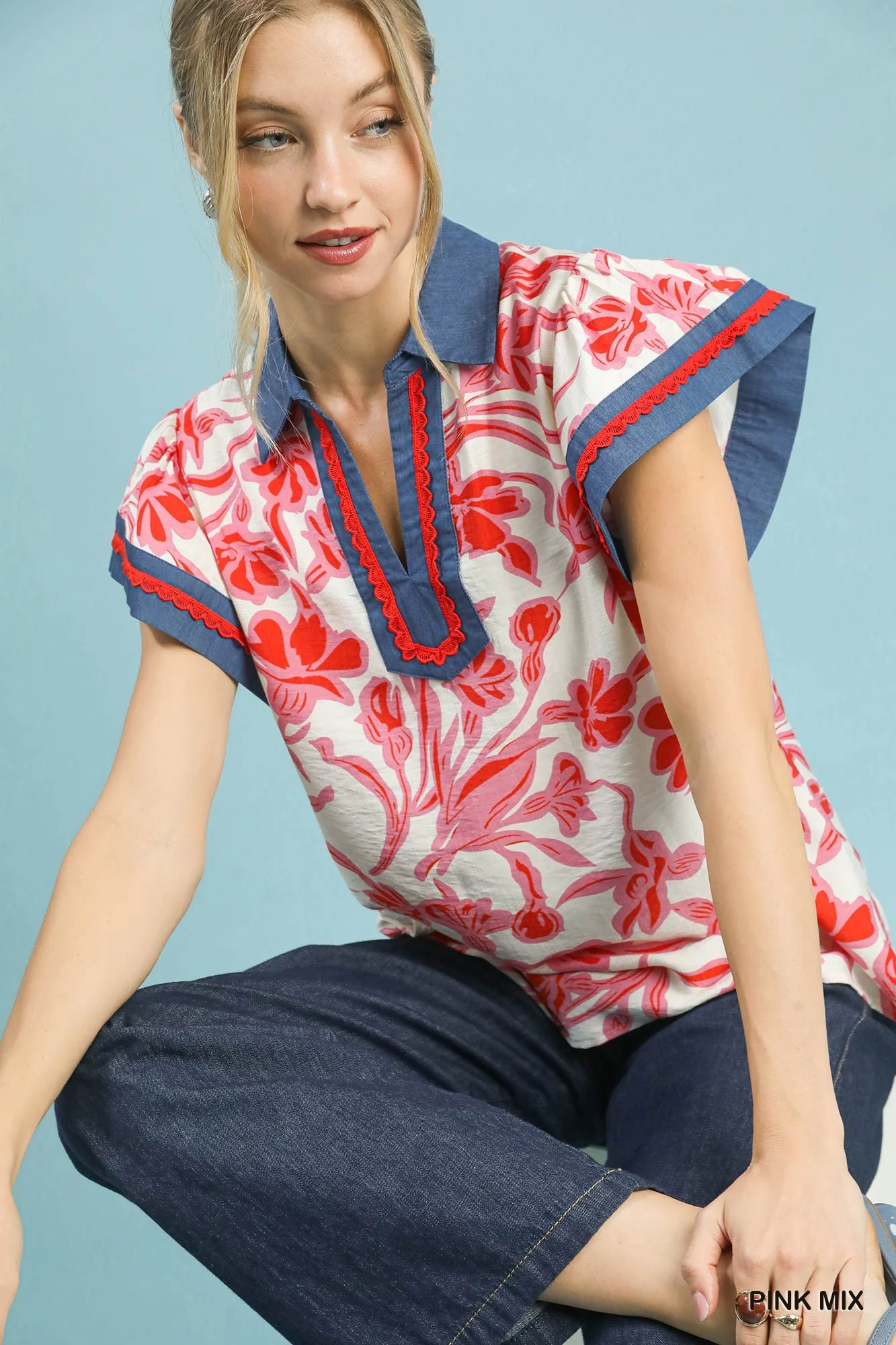 Umgee Floral Split Neck Top - Image 6
