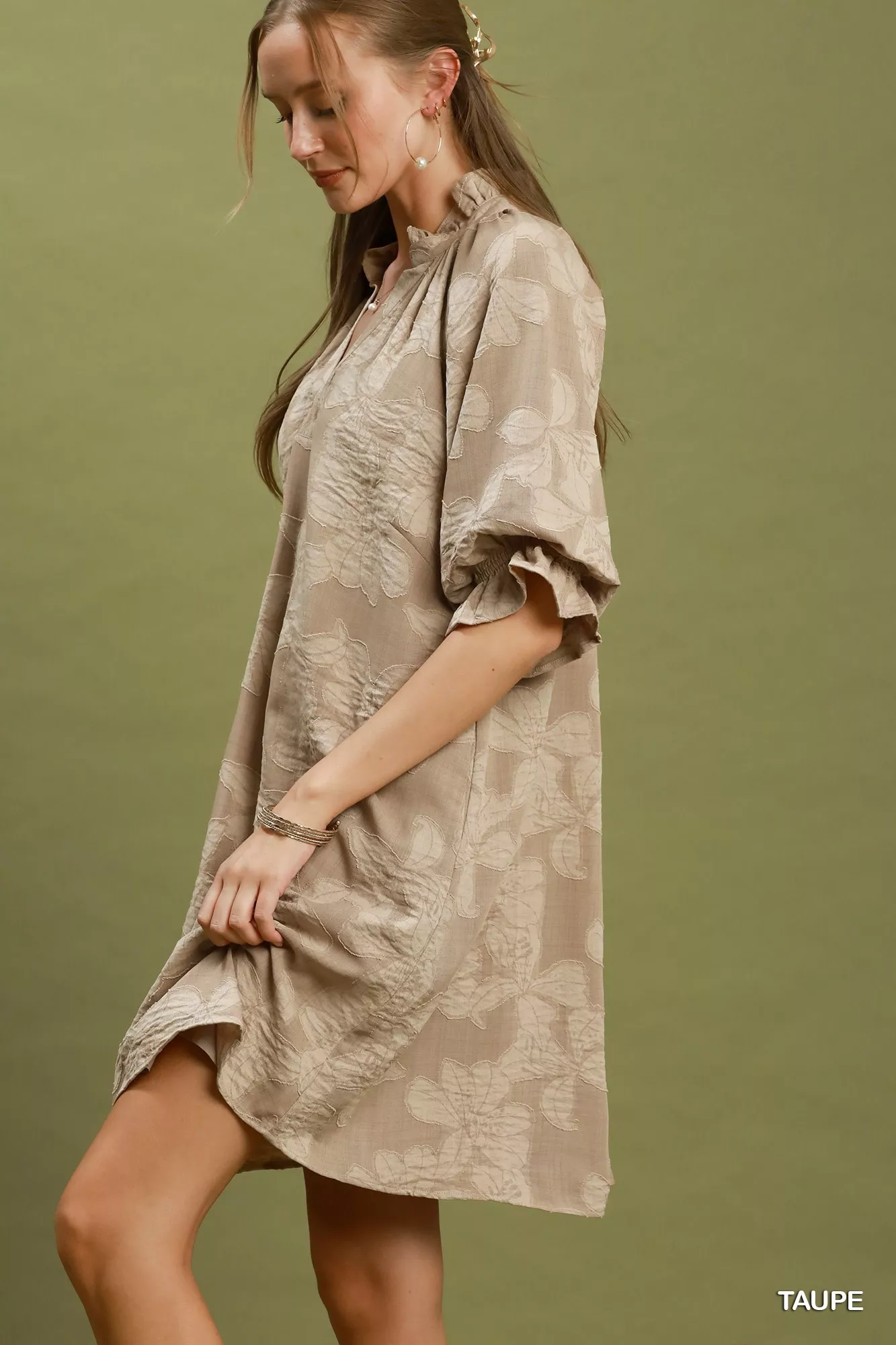 Umgee Floral Textured Jacqaurd V-Neck Dress - Image 2