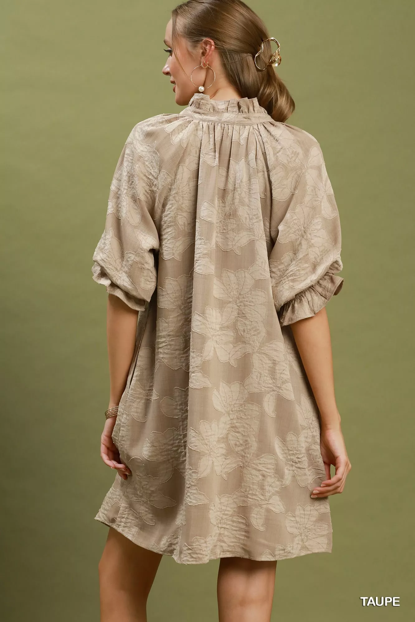 Umgee Floral Textured Jacqaurd V-Neck Dress - Image 3