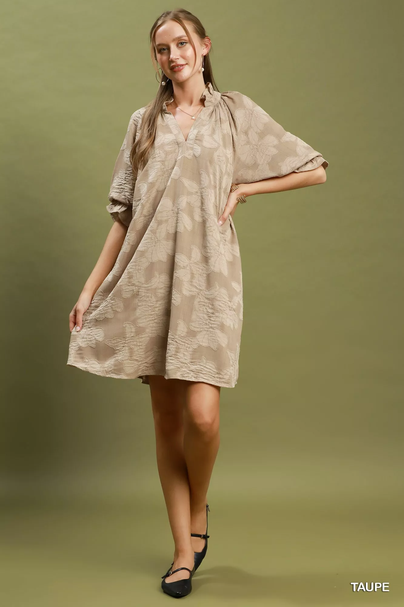Umgee Floral Textured Jacqaurd V-Neck Dress - Image 4