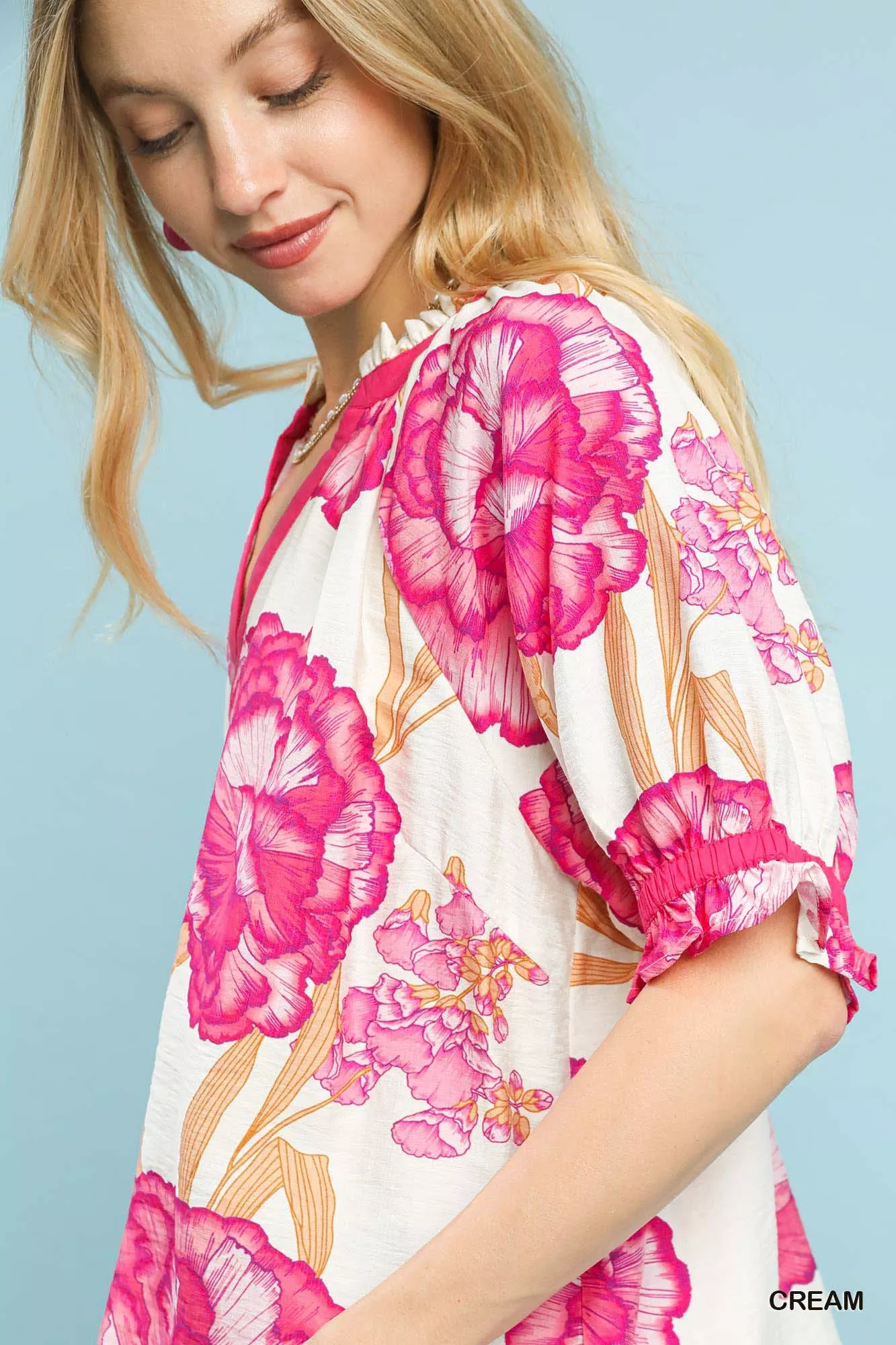 Umgee Floral V-Neck Puff Sleeve Blouse - Image 5