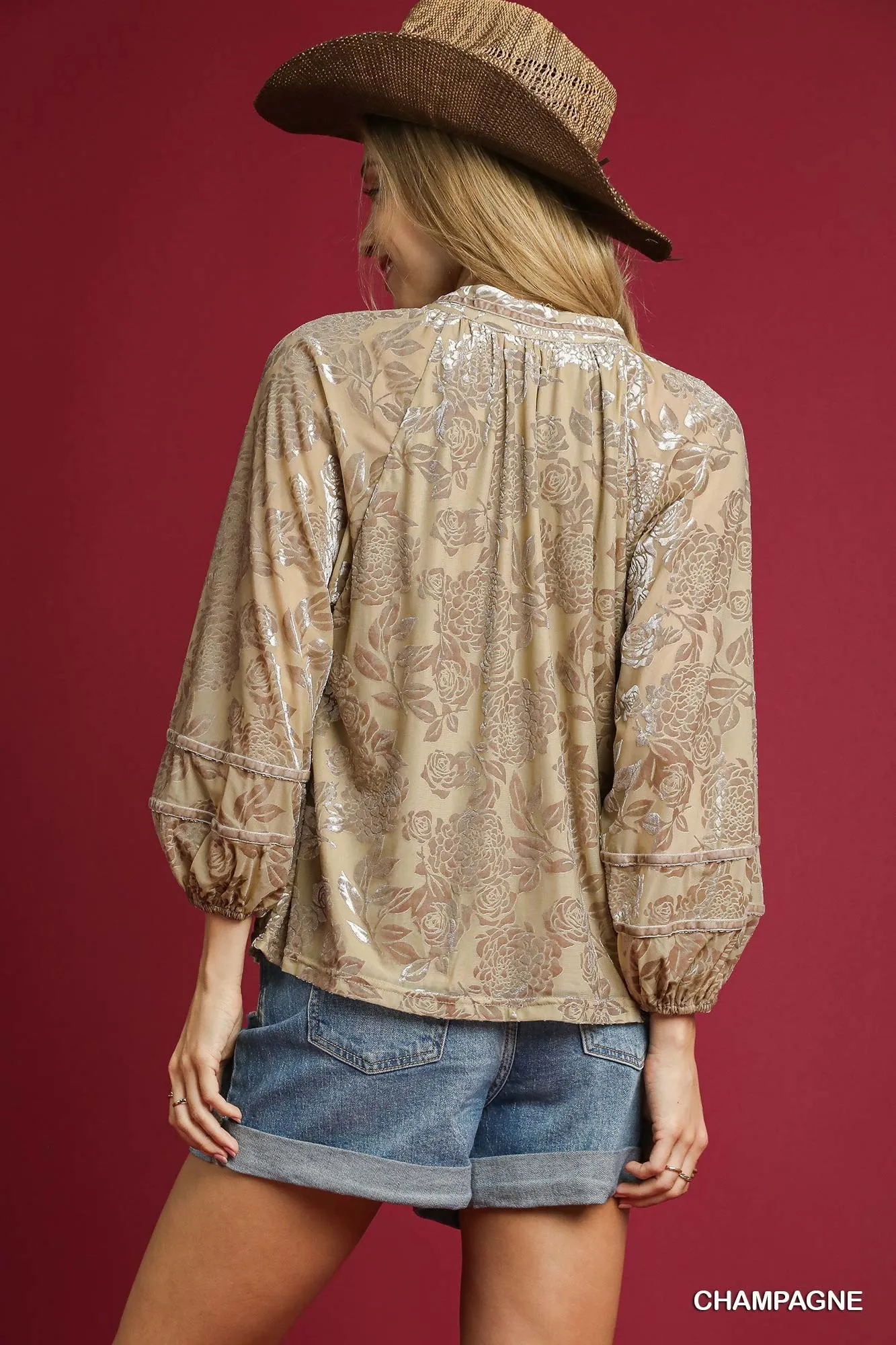 Umgee Floral Velvet Blouse with Balloon Sleeves - Image 3