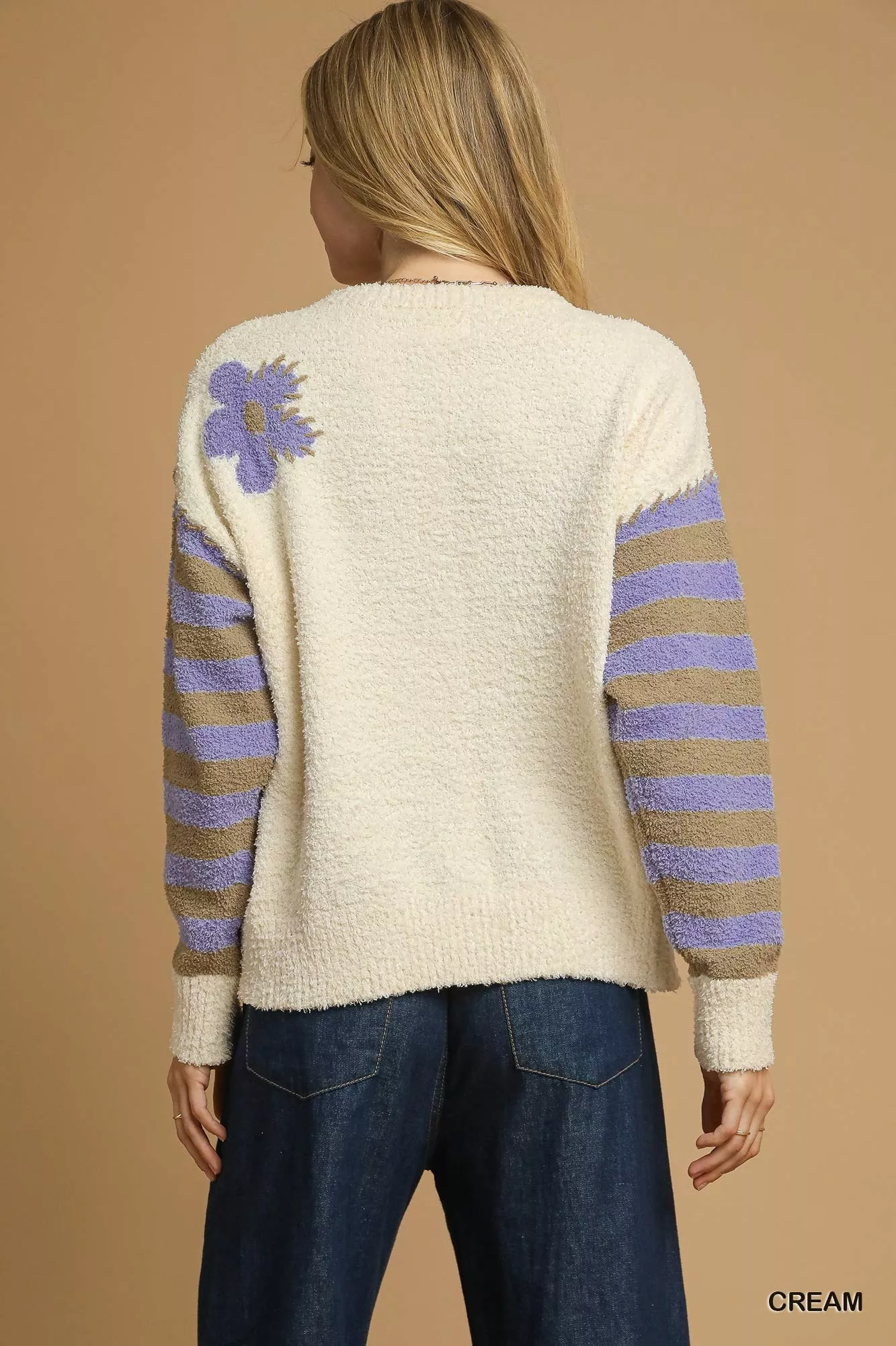 Umgee Flower Jacquard Striped Long Sleeve Sweater - Image 4