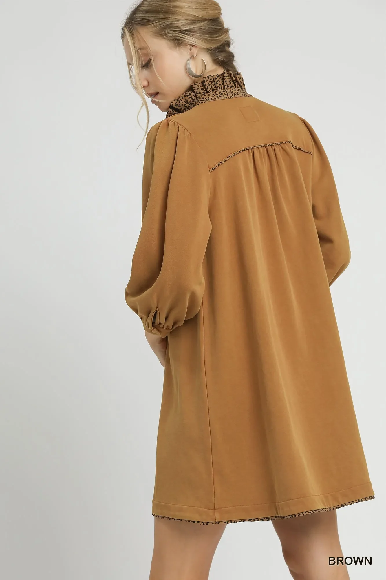 Umgee French Terry Balloon Sleeve Shift Dress with Leopard Print Detail - Image 2