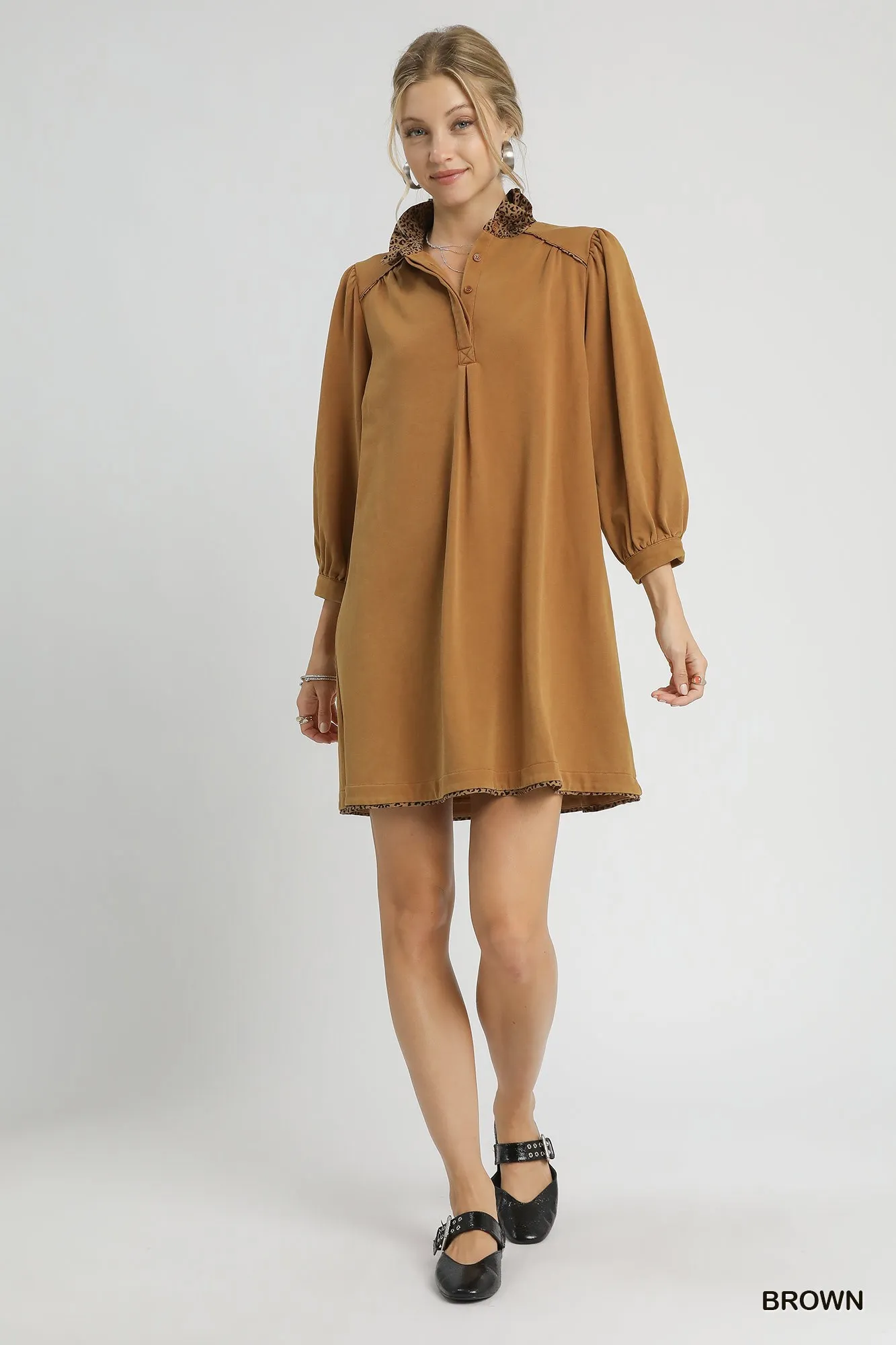 Umgee French Terry Balloon Sleeve Shift Dress with Leopard Print Detail - Image 4