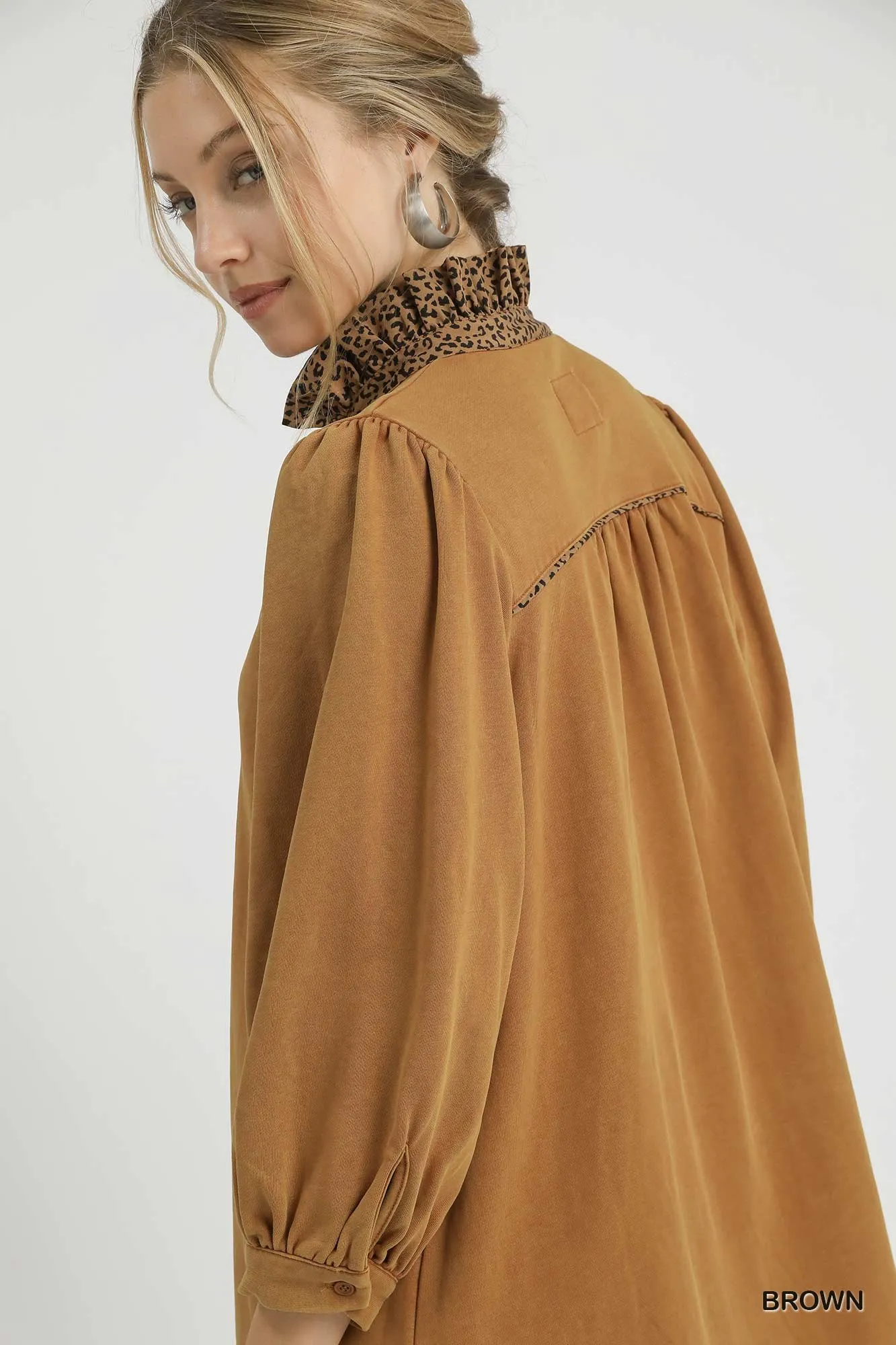 Umgee French Terry Balloon Sleeve Shift Dress with Leopard Print Detail - Image 5