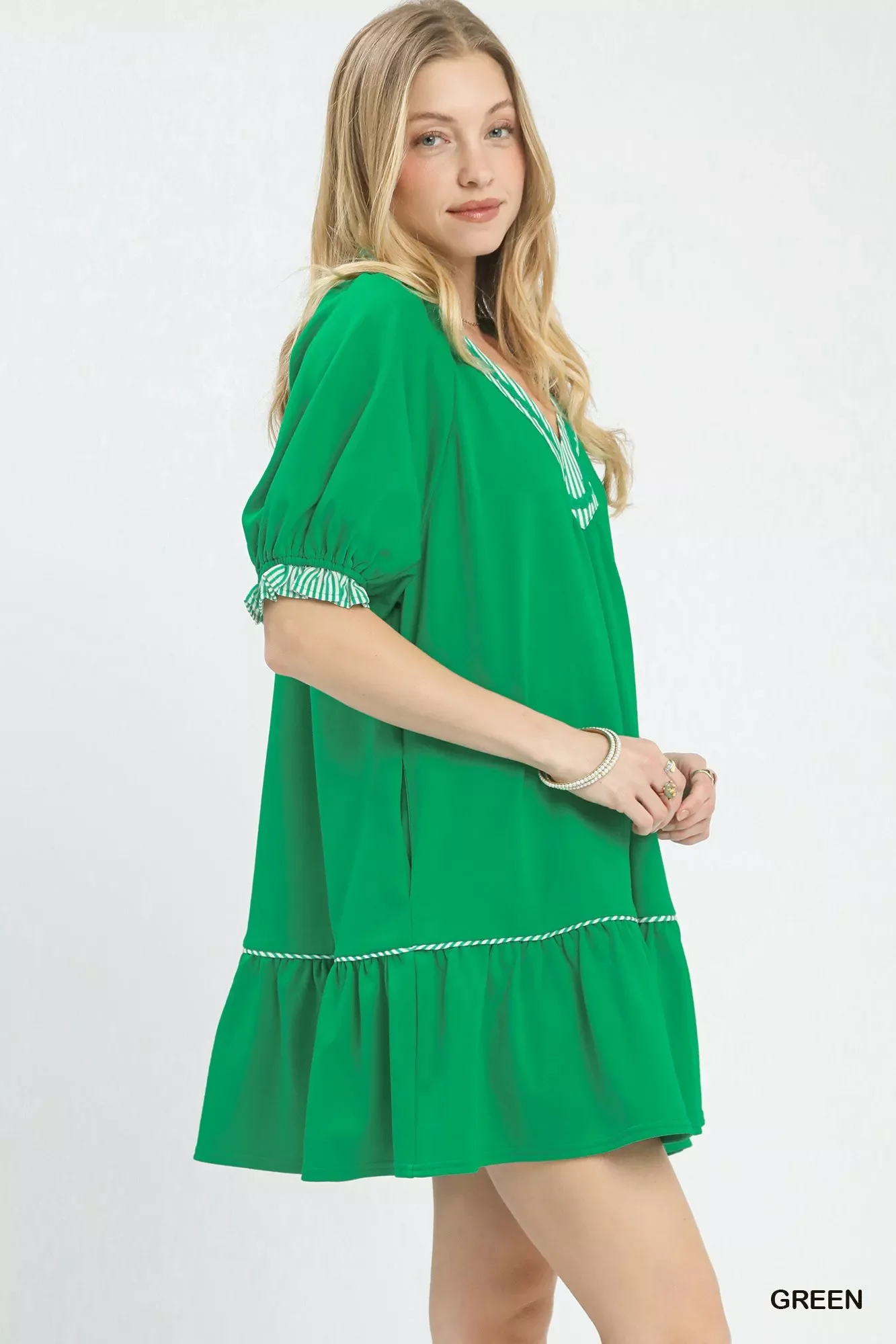 Umgee French Terry Mini Dress with Ruffled Striped Trim - Image 2
