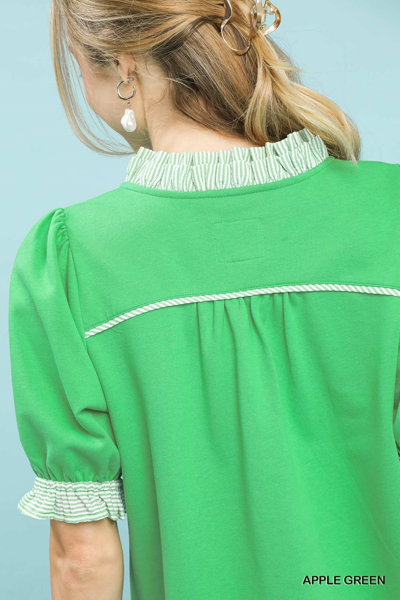 Umgee French Terry Ruffle Trim Puff Sleeve Top - Image 4