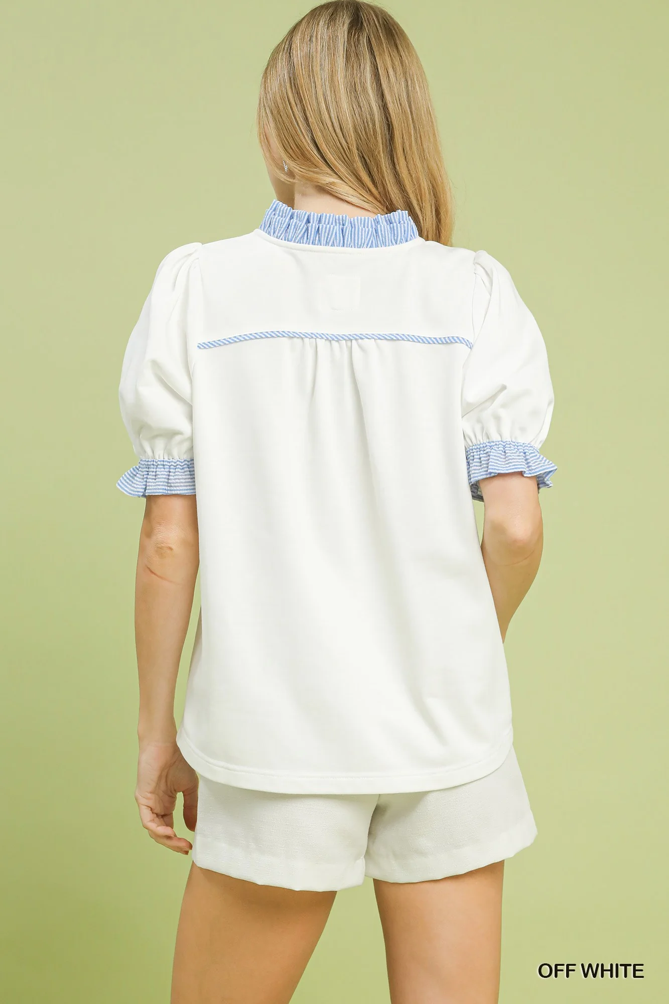 Umgee French Terry Ruffle Trim Puff Sleeve Top - Image 3