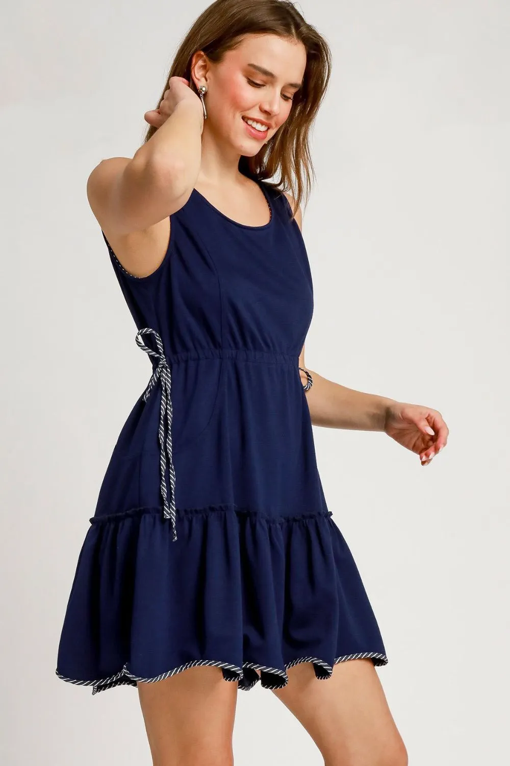 Umgee Frill Drawstring Waist Round Neck Mini Tank Dress - Image 3