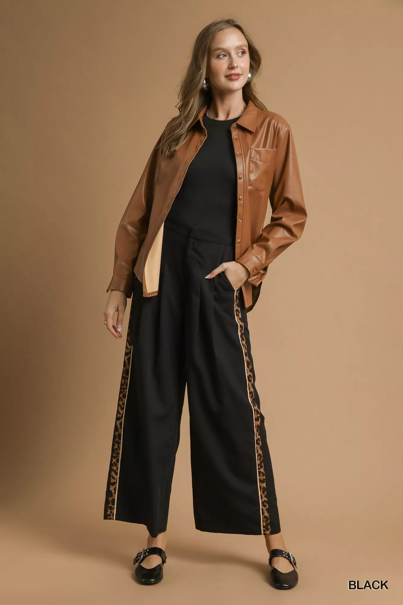 Umgee Front Pleated Wide-Leg Pants with Contrast Trim - Image 4
