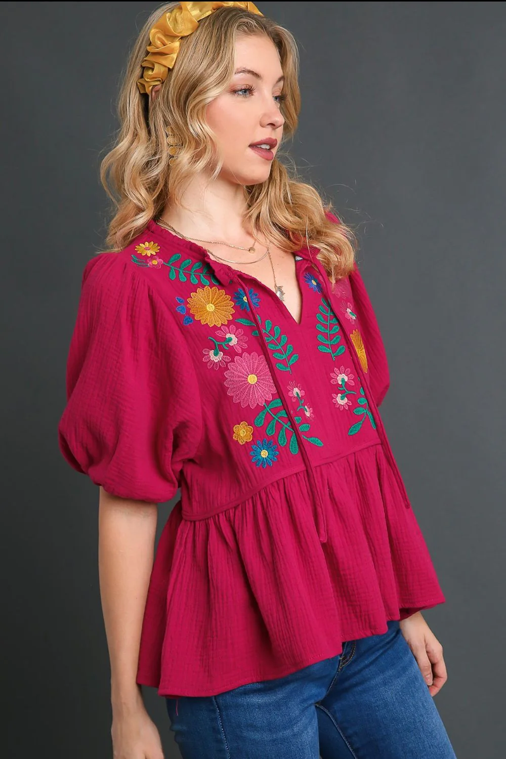 Umgee Full Size Cotton Gauze Floral Embroidery Babydoll Blouse Plus Size - Image 2