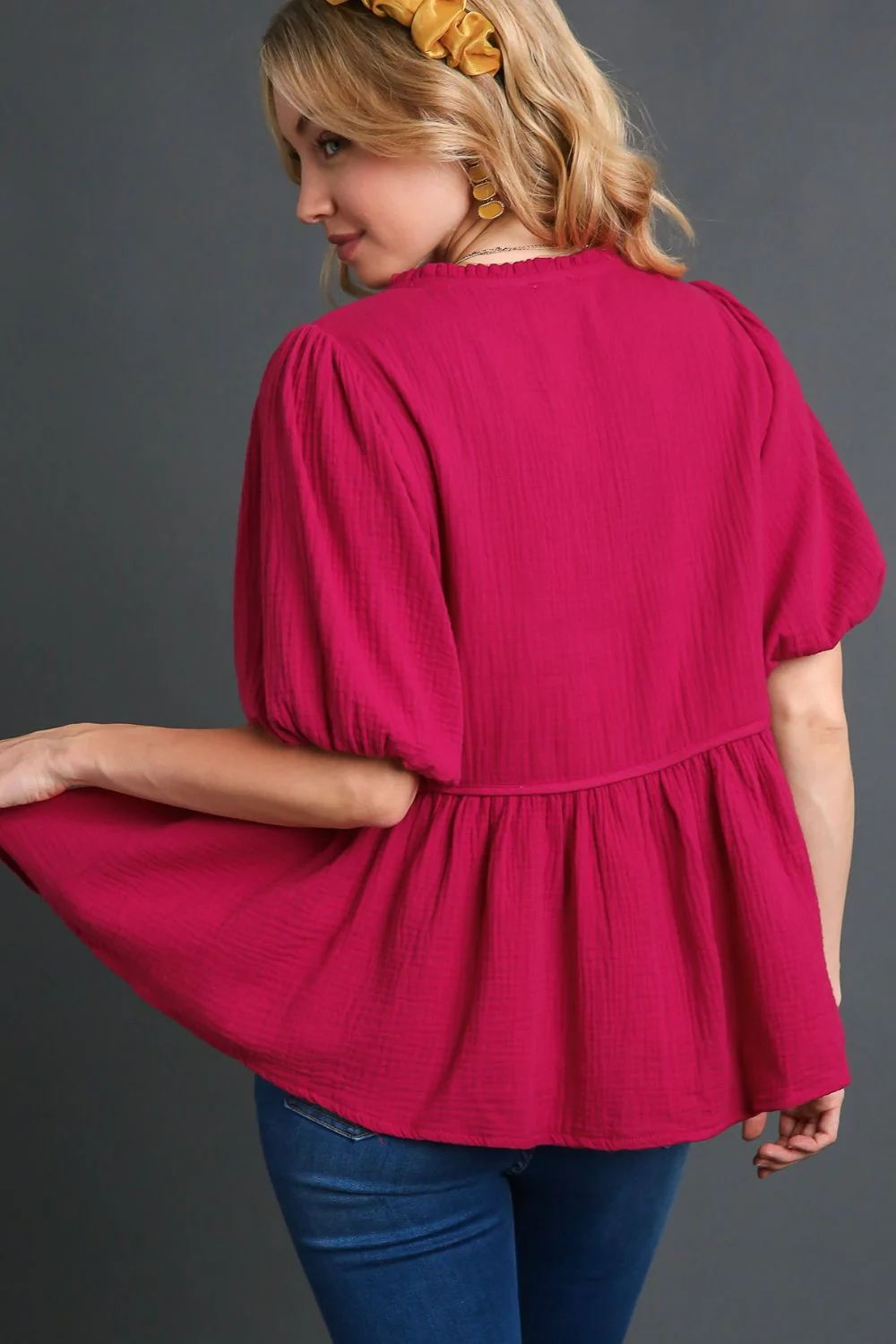 Umgee Full Size Cotton Gauze Floral Embroidery Babydoll Blouse Plus Size - Image 3