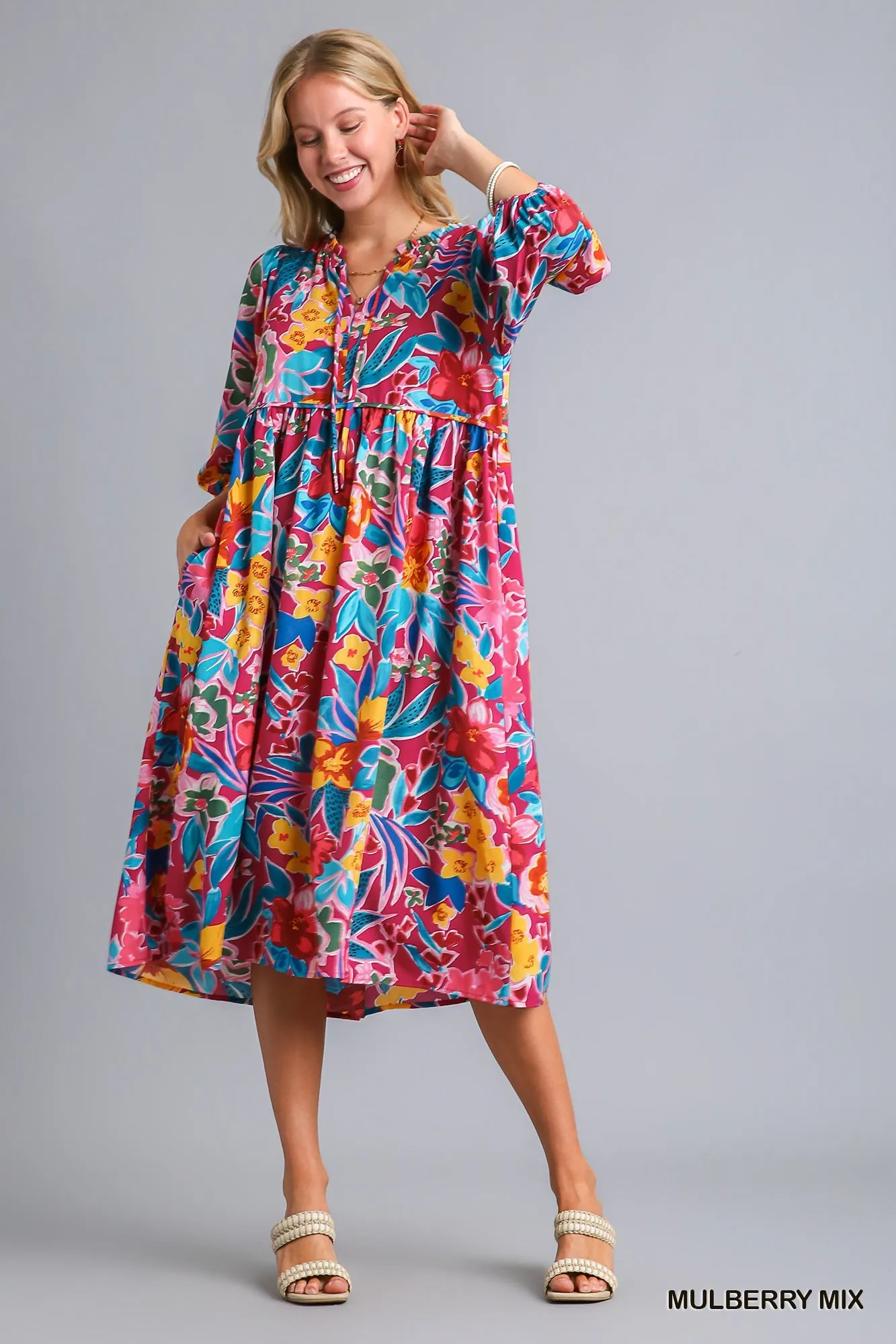 Umgee Full Size Floral Print Tie Neck Midi Dress with Pockets Plus Size - Image 2