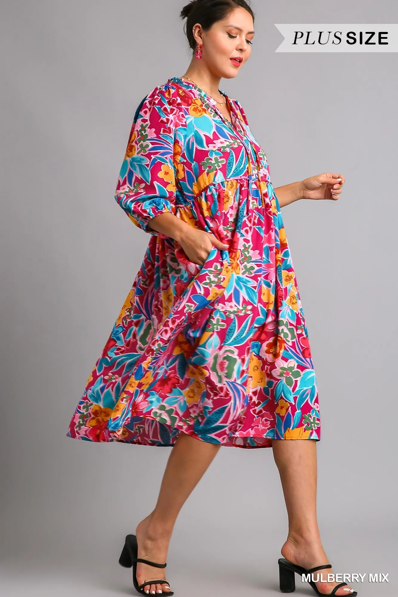 Umgee Full Size Floral Print Tie Neck Midi Dress with Pockets Plus Size - Image 8