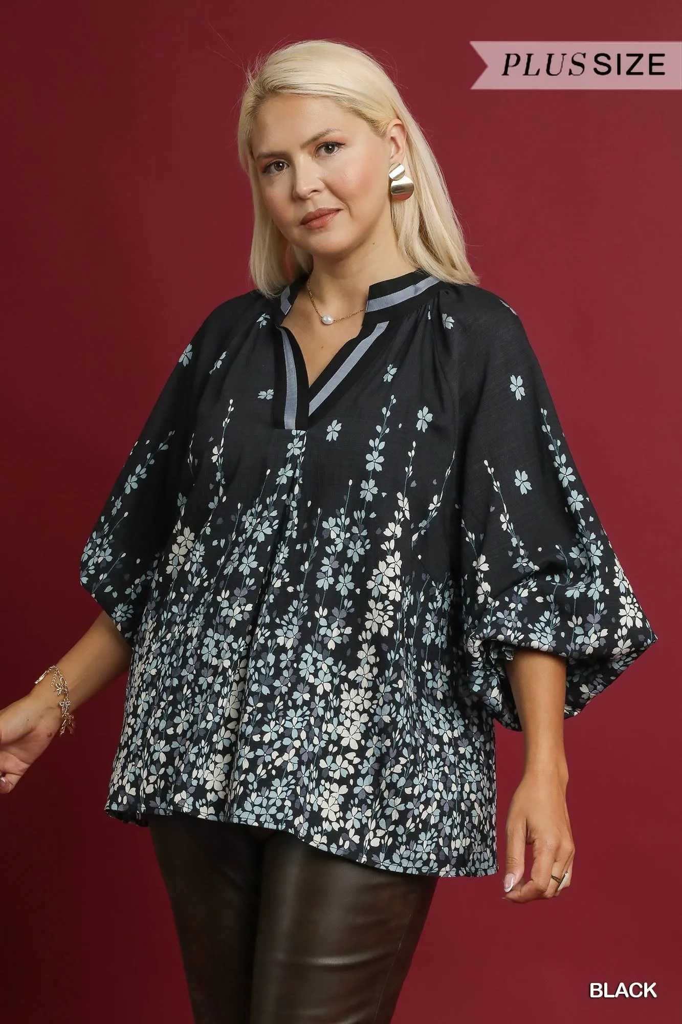 Umgee Full Size Floral Vine Print Blouse with Balloon Sleeves Plus Size - Image 7