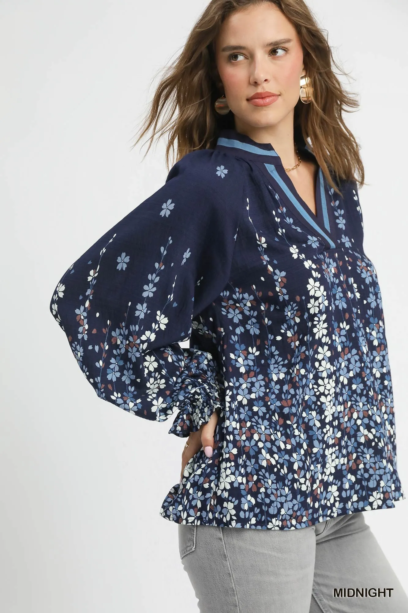 Umgee Full Size Floral Vine Print Blouse with Balloon Sleeves Plus Size - Image 2
