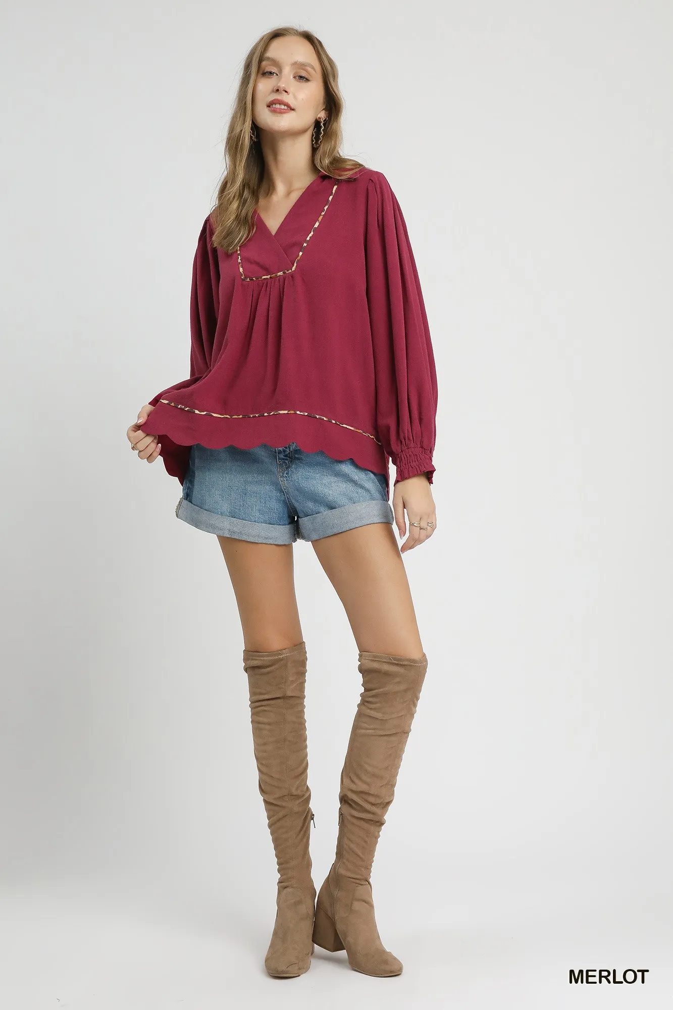 Umgee Full Size Linen Scallop Hem Blouse with Contrast Trim Plus Size - Image 4