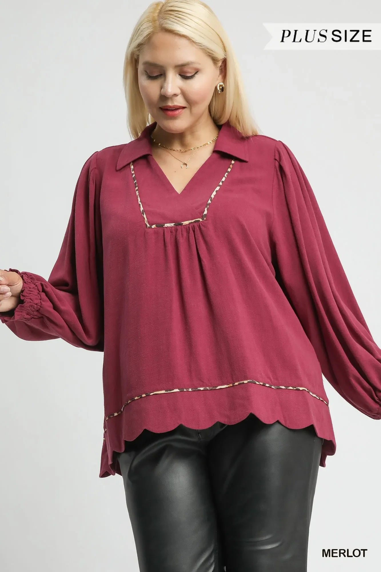 Umgee Full Size Linen Scallop Hem Blouse with Contrast Trim Plus Size - Image 5